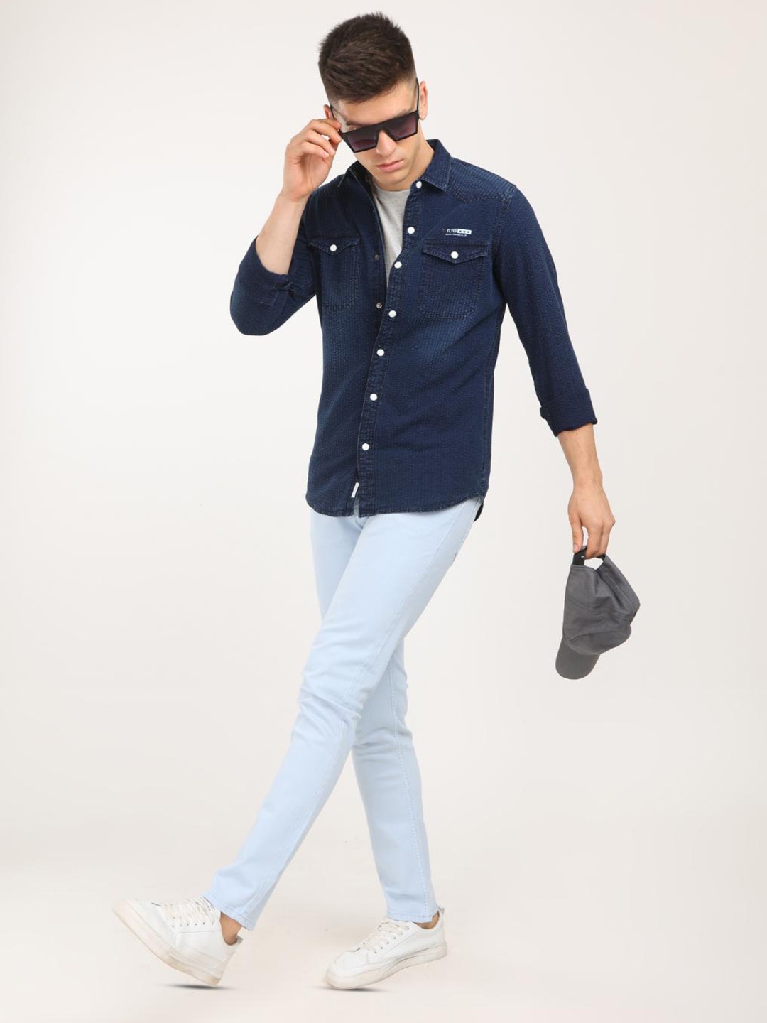 

FLY 69 Premium Slim Fit Spread Collar Denim Shirt, Blue