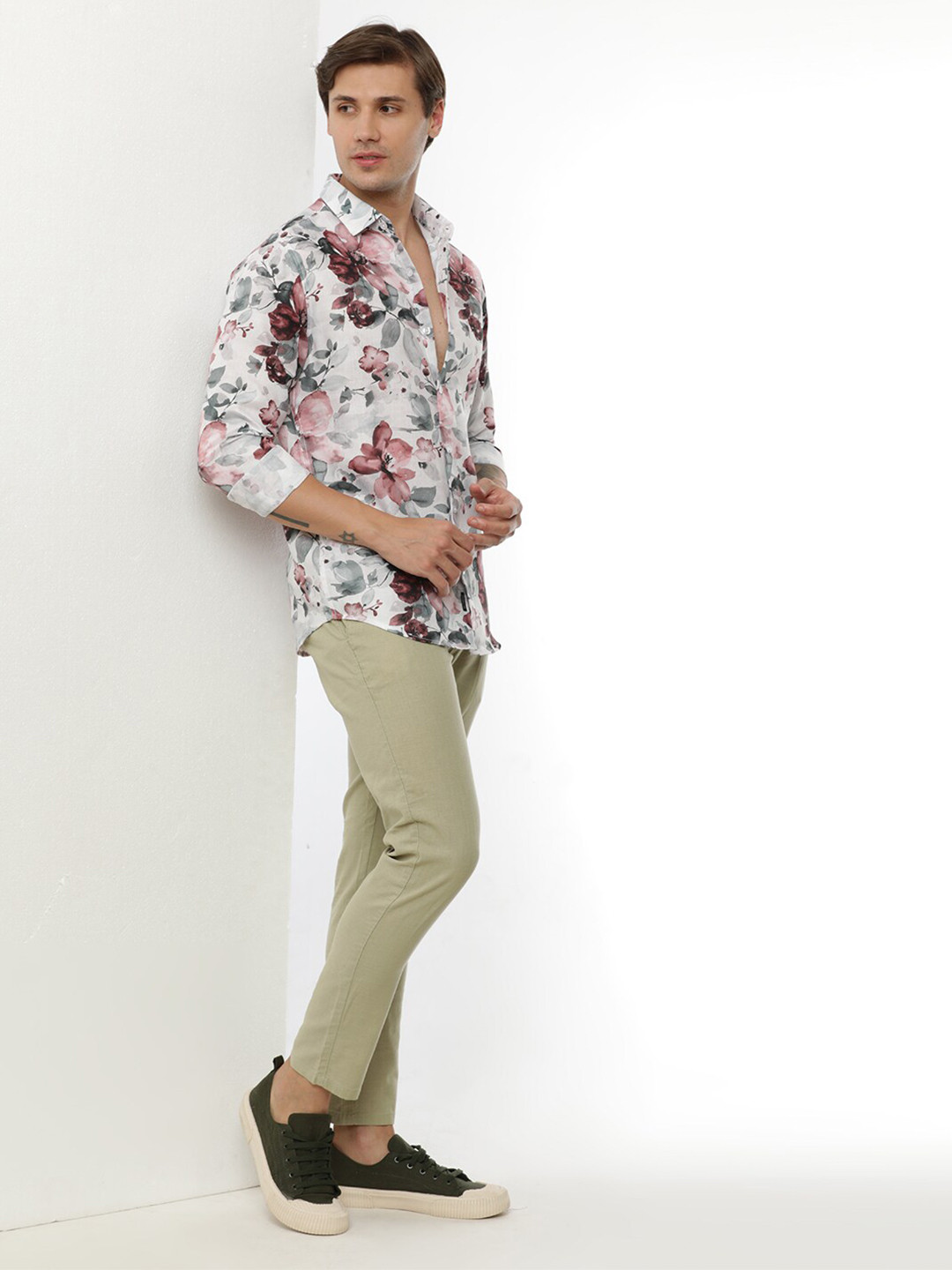 

FLY 69 Men Premium Slim Fit Floral Printed Long Sleeves Casual Shirt, White