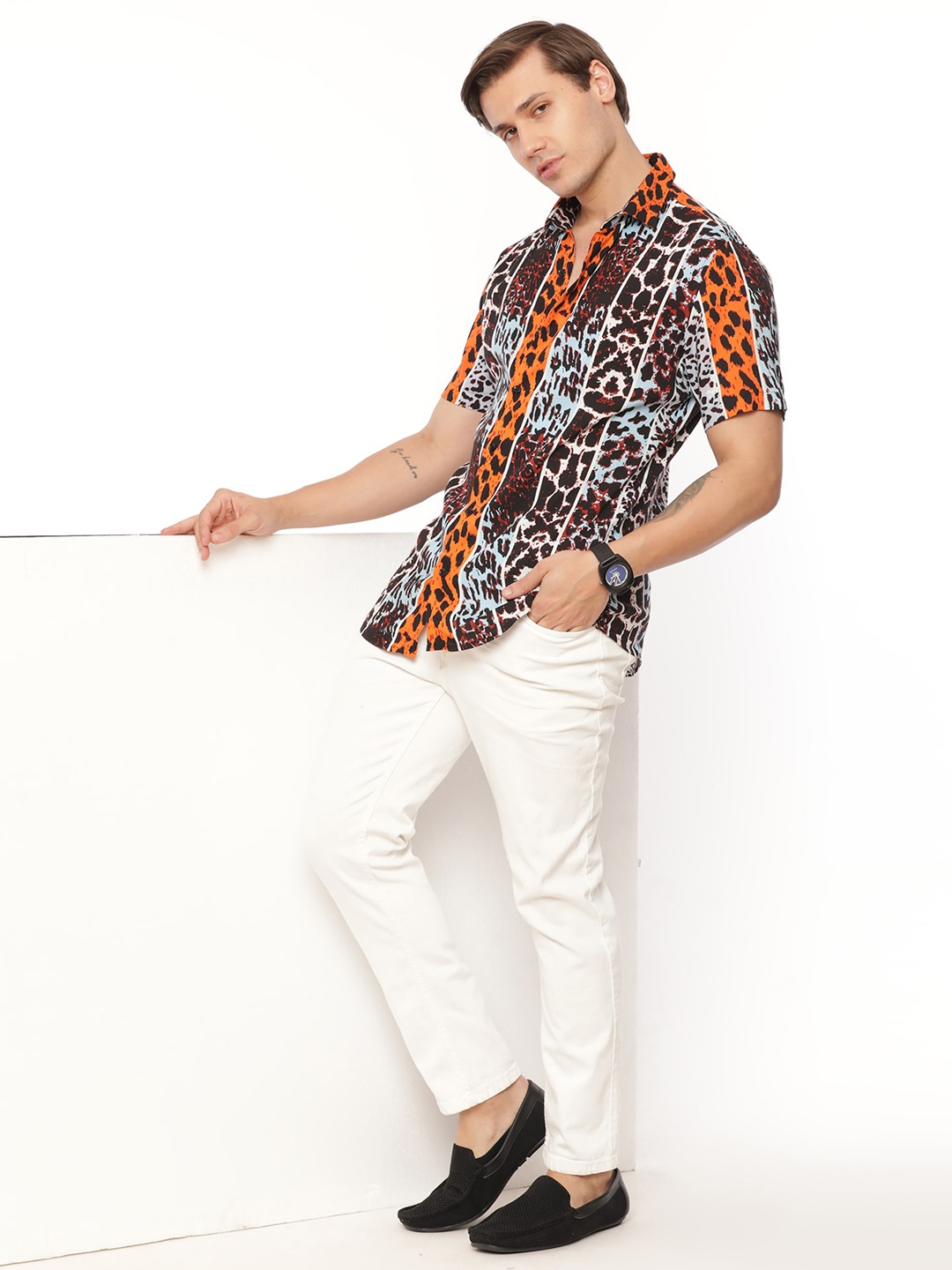 

FLY 69 Premium Slim Fit Abstract Printed Pure Cotton Casual Shirt, Black