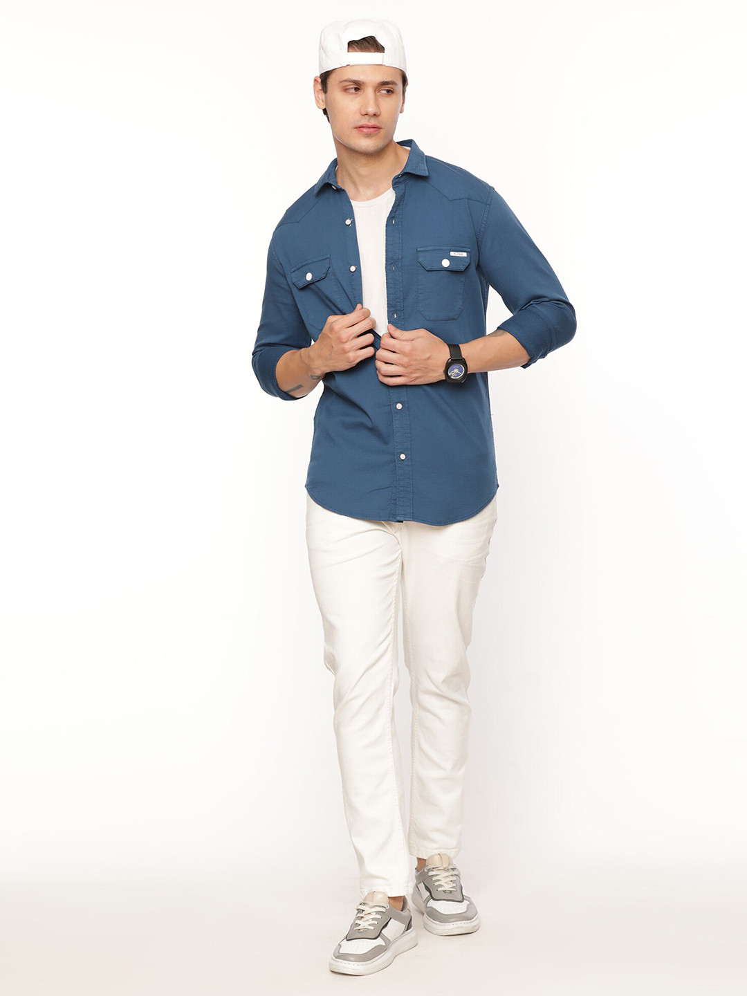 

FLY 69 Premium Slim Fit Spread Collar Pure Cotton Casual Shirt, Blue