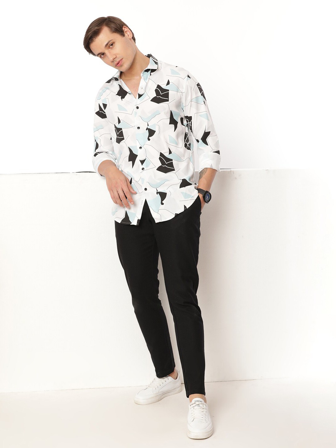 

FLY 69 Men Premium Slim Fit Conversational Printed Long Sleeves Casual Shirt, Blue
