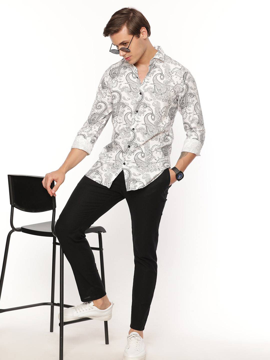 

FLY 69 Premium Slim Fit Paisley Printed Spread Collar Casual Shirt, White