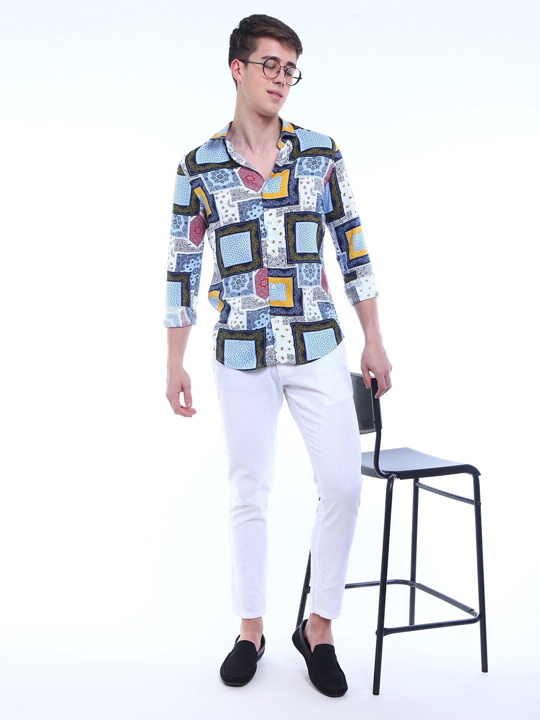 

FLY 69 Premium Slim Fit Geometric Printed Casual Shirt, Blue