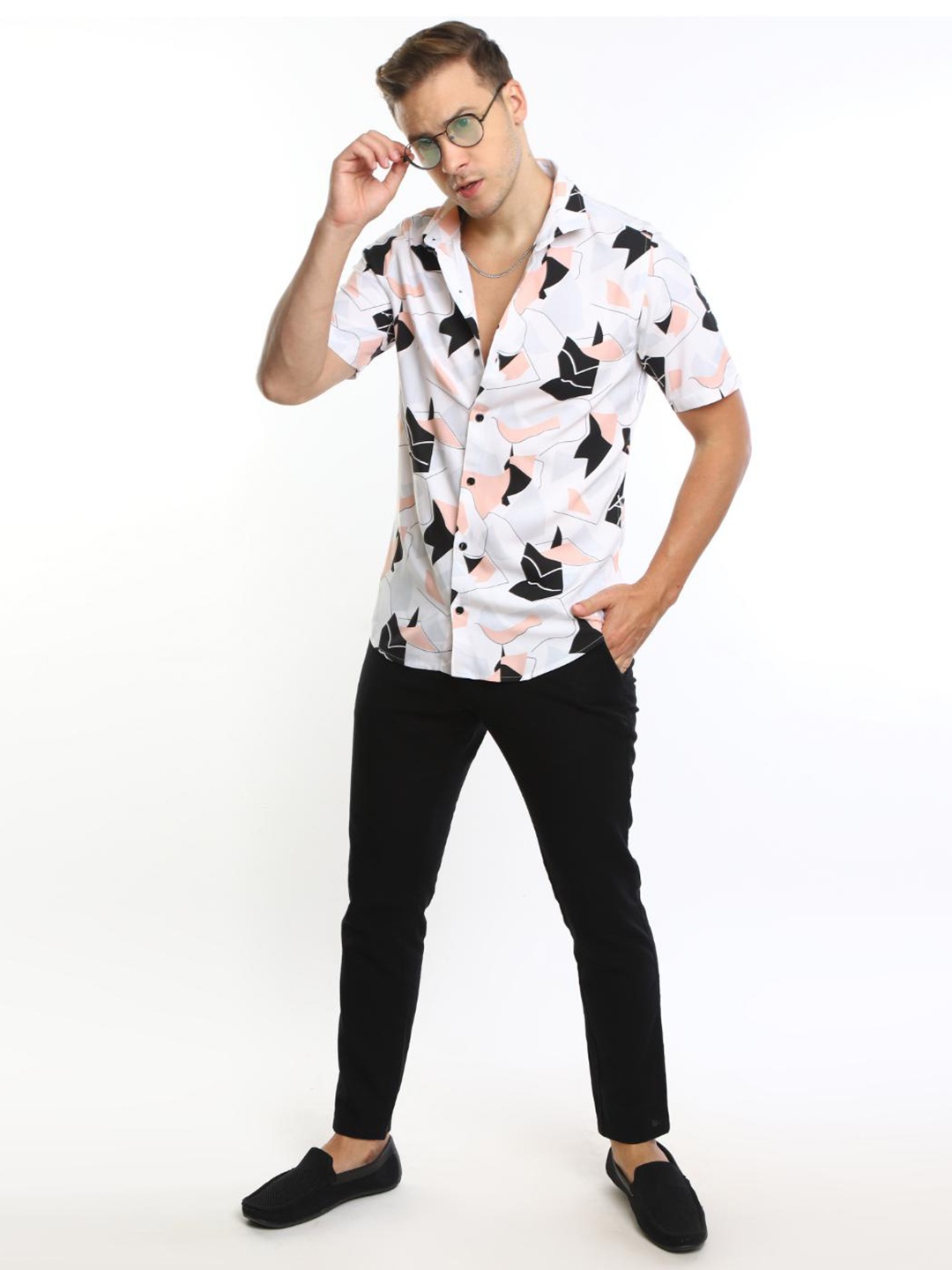 

FLY 69 Premium Slim Fit Abstract Printed Spread Collar Casual Shirt, White