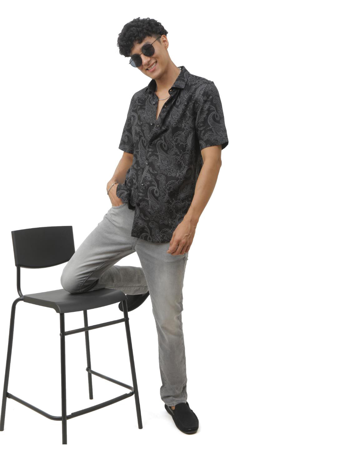 

FLY 69 Premium Slim Fit Ethnic Motifs Printed Spread Collar Casual Shirt, Black