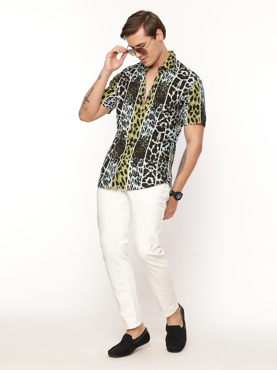 

FLY 69 Animal Printed Premium Slim Fit Pure Cotton Casual Shirt, Green
