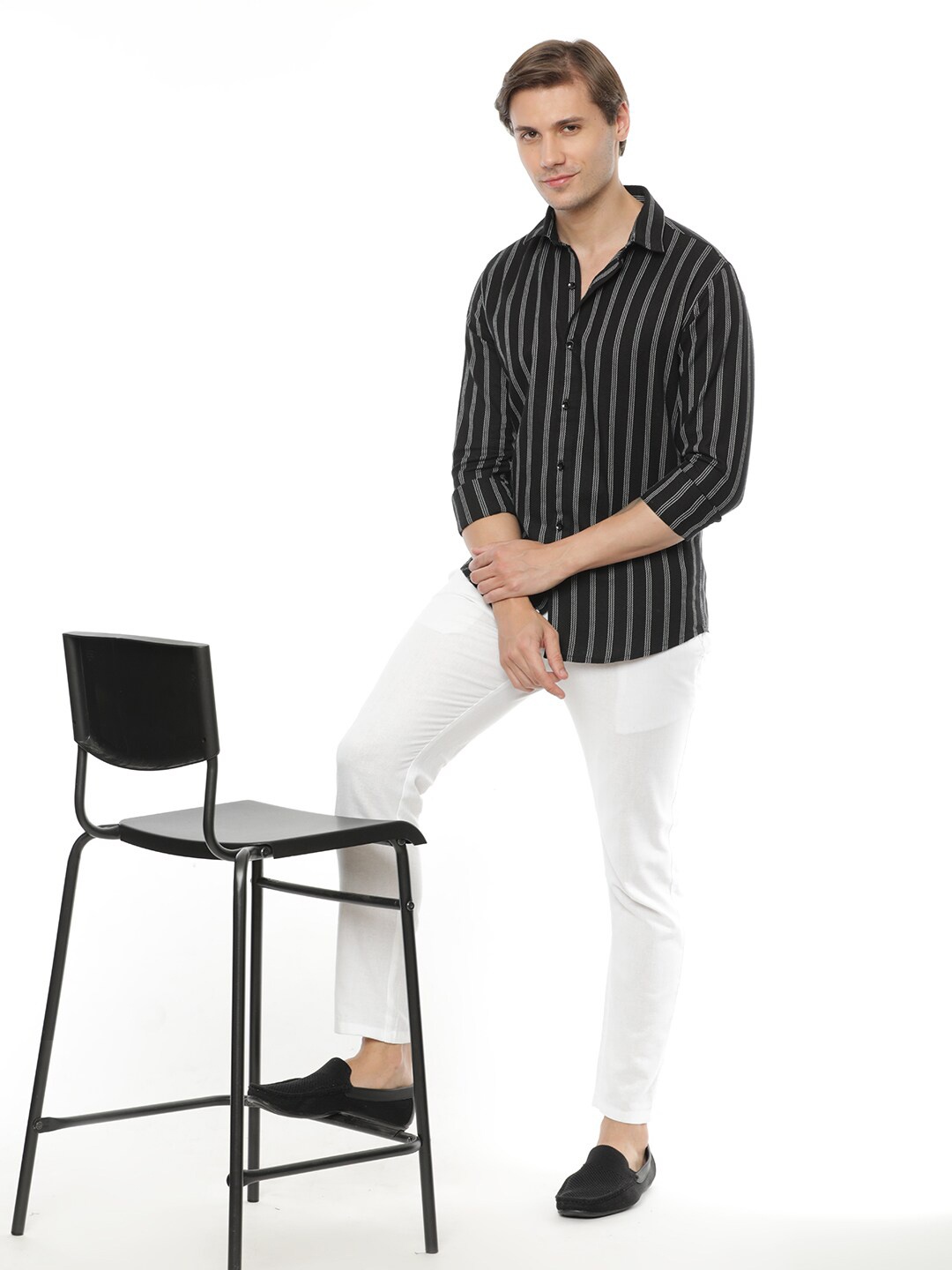 

FLY 69 Men Premium Slim Fit Striped Spread Collar Long Sleeves Cotton Casual Shirt, Black