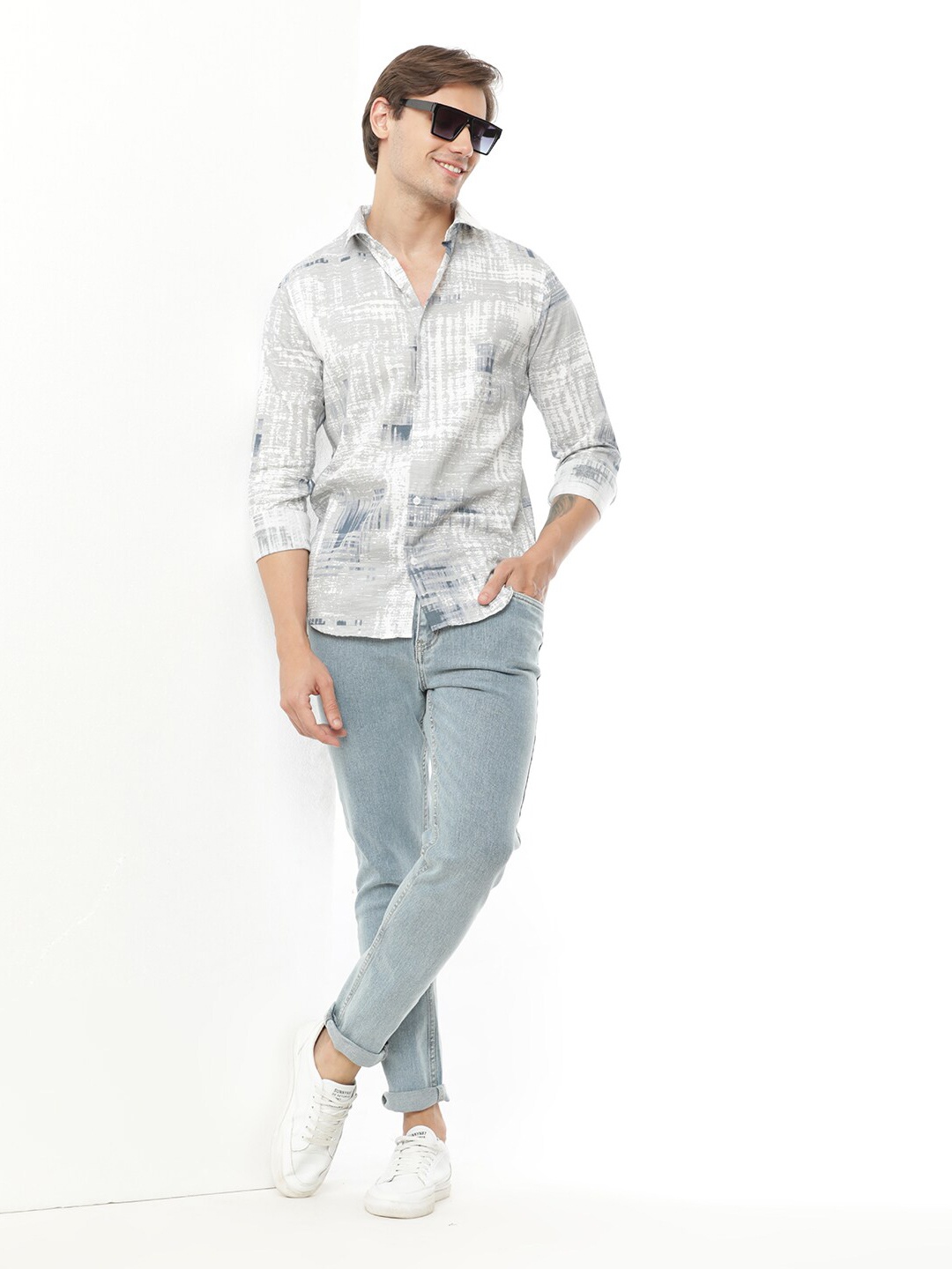 

FLY 69 Premium Slim Fit Abstract Printed Pure Cotton Casual Shirt, Grey