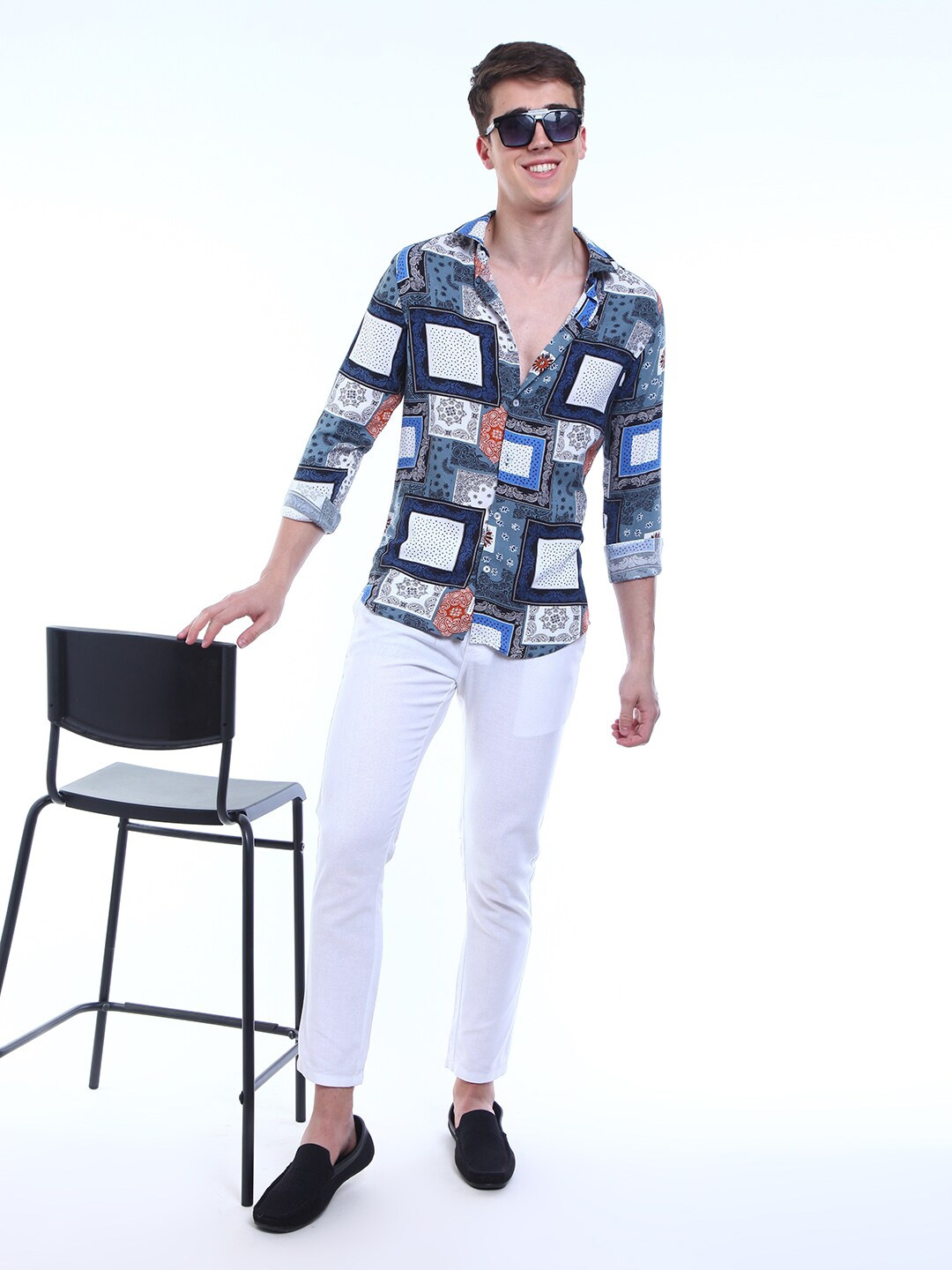 

FLY 69 Premium Slim Fit Ethnic Motifs Printed Slim Collar Casual Shirt, Grey