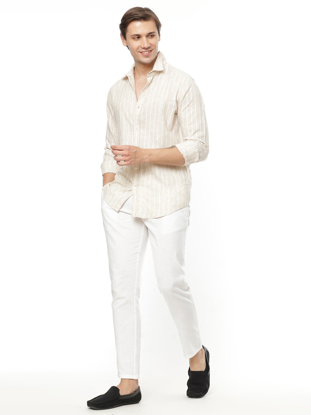 

FLY 69 Premium Slim Fit Vertical Printed Cotton Linen Casual Shirt, Cream
