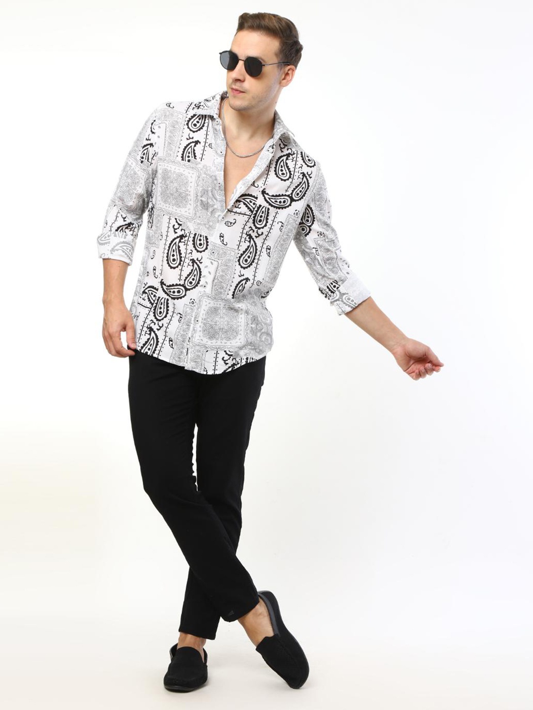 

FLY 69 Premium Slim Fit Ethnic Motifs Printed Pure Cotton Casual Shirt, Black