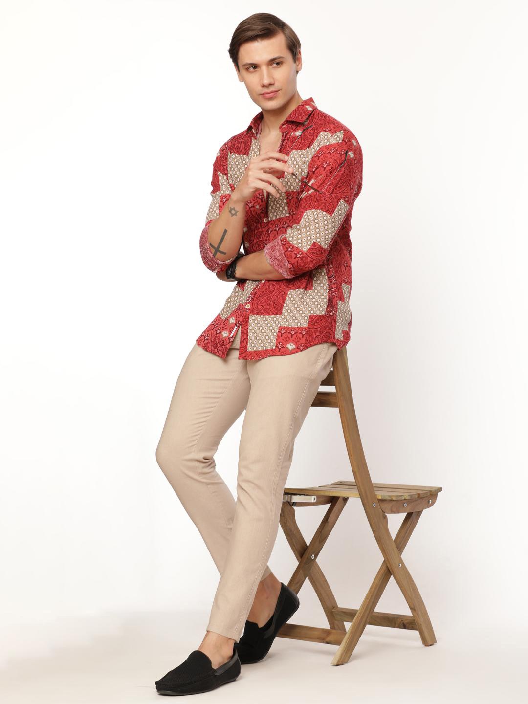 

FLY 69 Premium Slim Fit Ethnic Motifs Printed Spread Collar Casual Shirt, Red