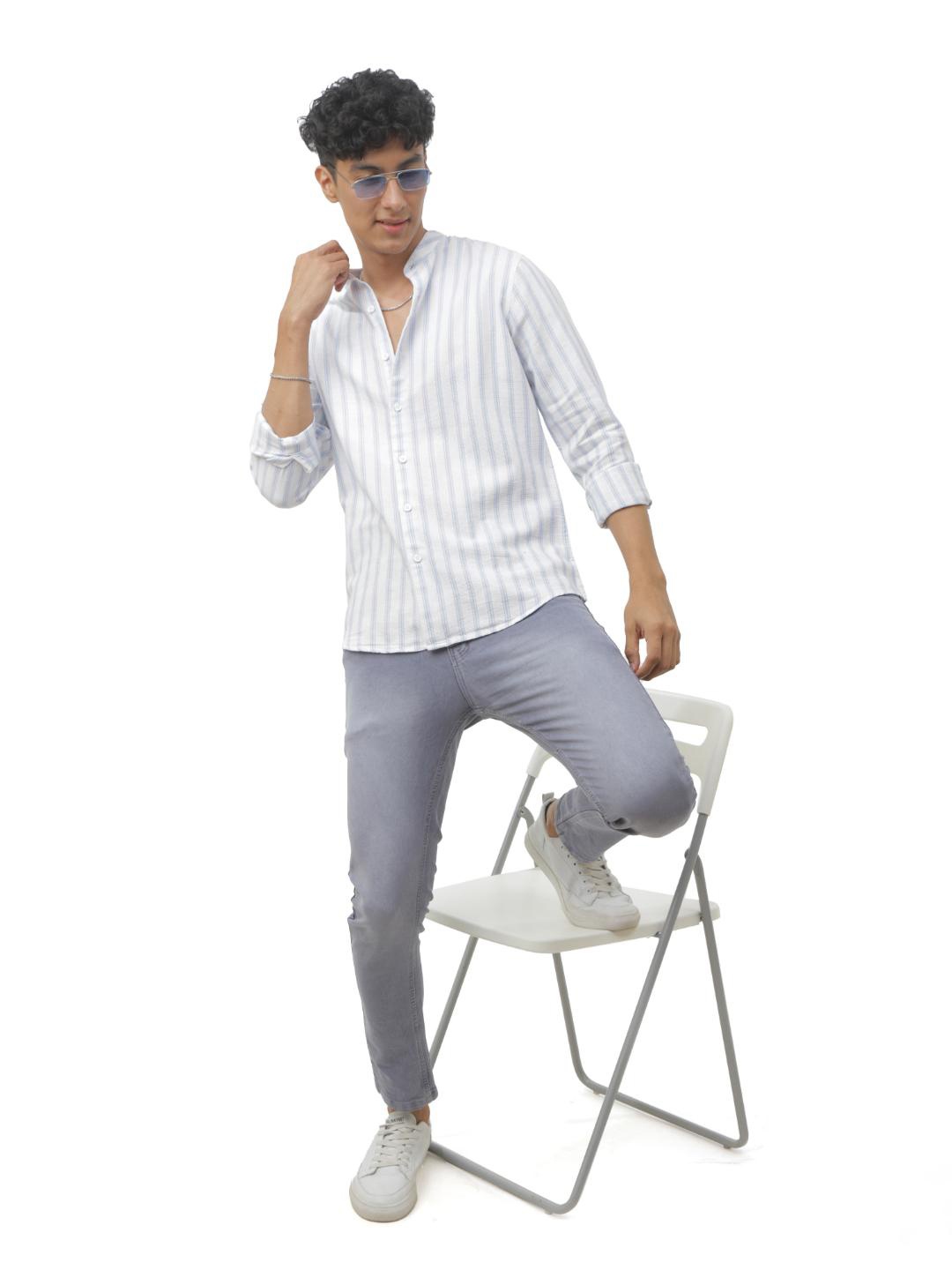 

FLY 69 Band Collar Premium Slim Fit Striped Casual Pure Cotton Shirt, White