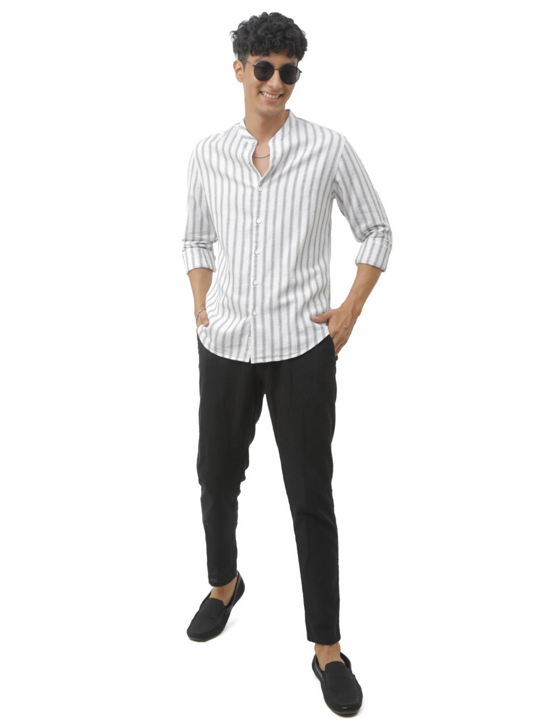 

FLY 69 Premium Slim Fit Vertical Striped Mandarin Collar Pure Cotton Casual Shirt, Black