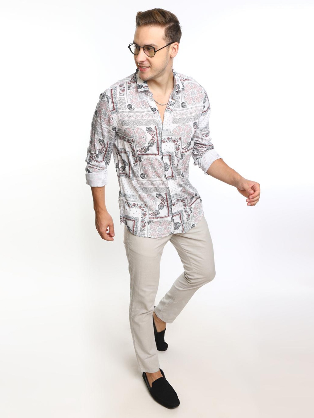 

FLY 69 Premium Ethnic Motifs Printed Slim Fit Shirt, Pink