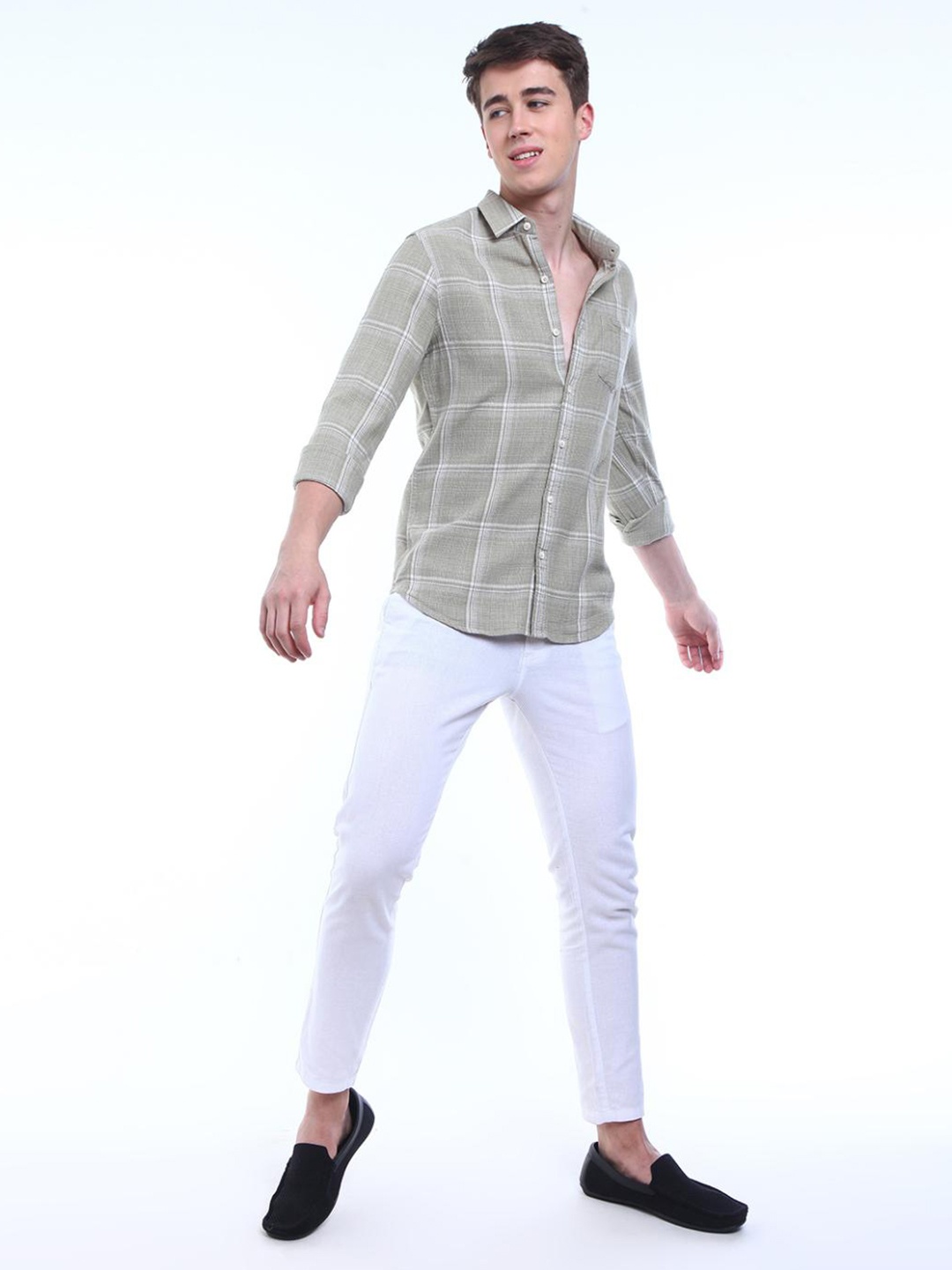 

FLY 69 Premium Slim Fit Windowpane Checked Pure Cotton Casual Shirt, Khaki