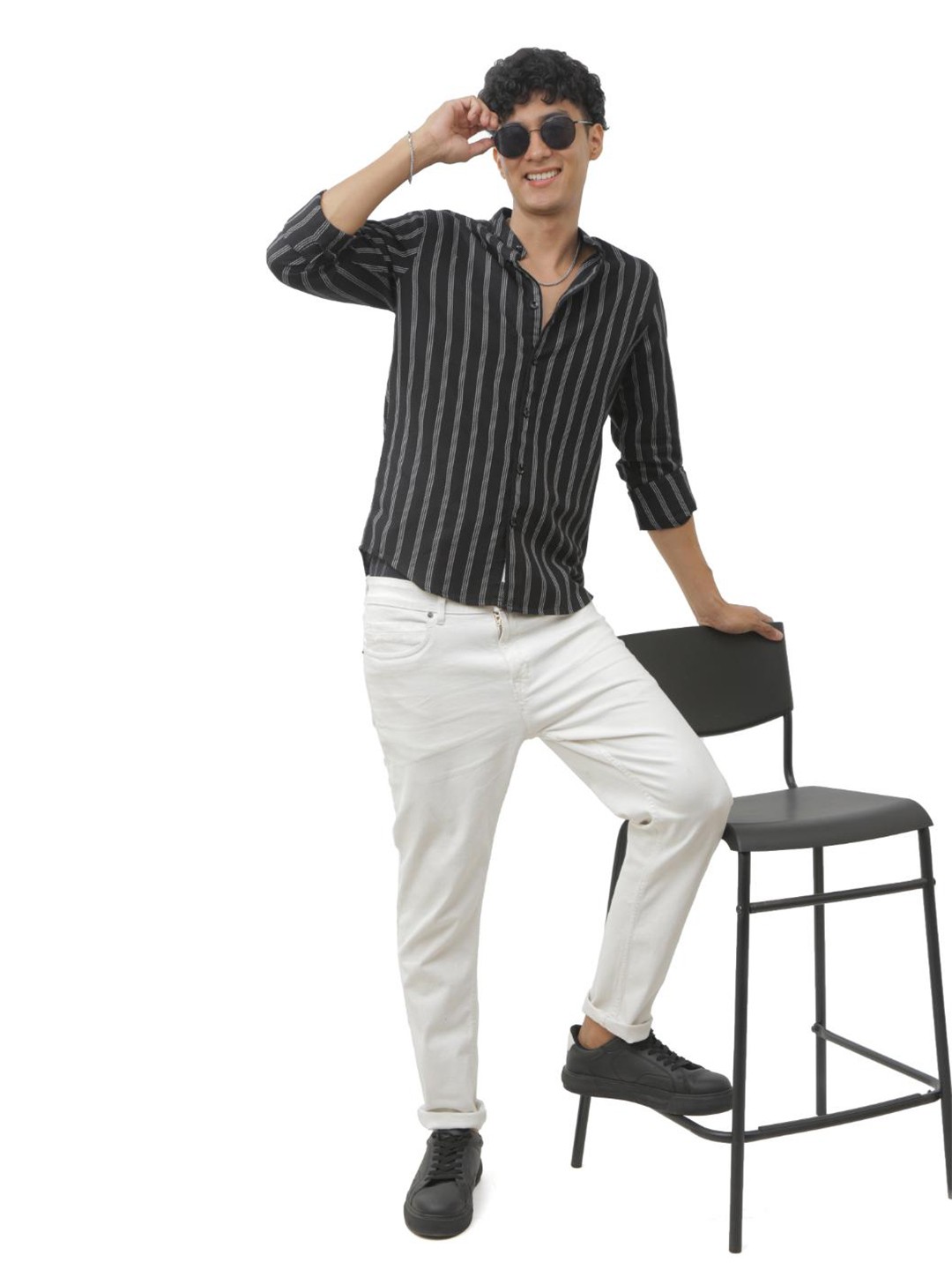 

FLY 69 Premium Striped Slim Fit Cotton Shirt, Black