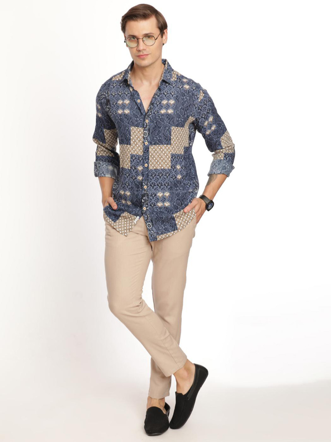 

FLY 69 Premium Slim Fit Ethnic Motifs Printed Spread Collar Casual Shirt, Blue