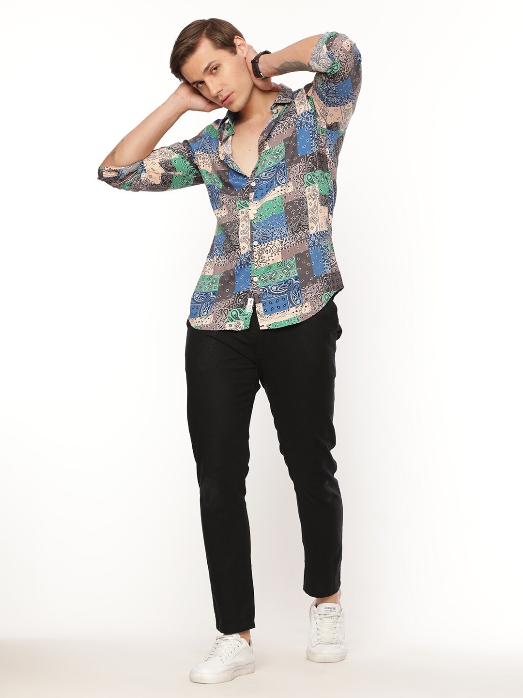 

FLY 69 Premium Slim Fit Paisley Printed Spread Collar Cotton Casual Shirt, Blue
