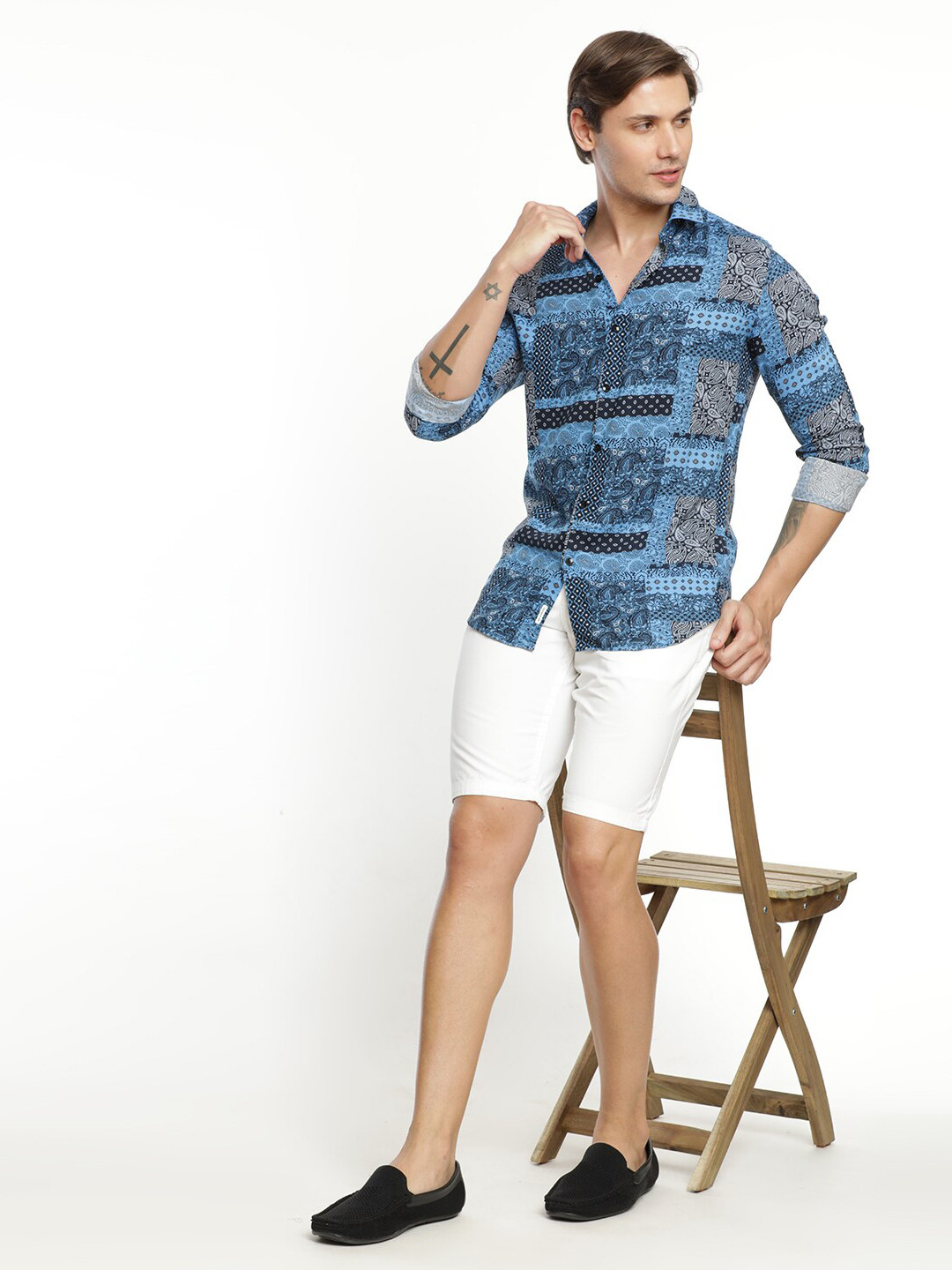 

FLY 69 Premium Slim Fit Ethnic Motifs Printed Pure Cotton Casual Shirt, Blue