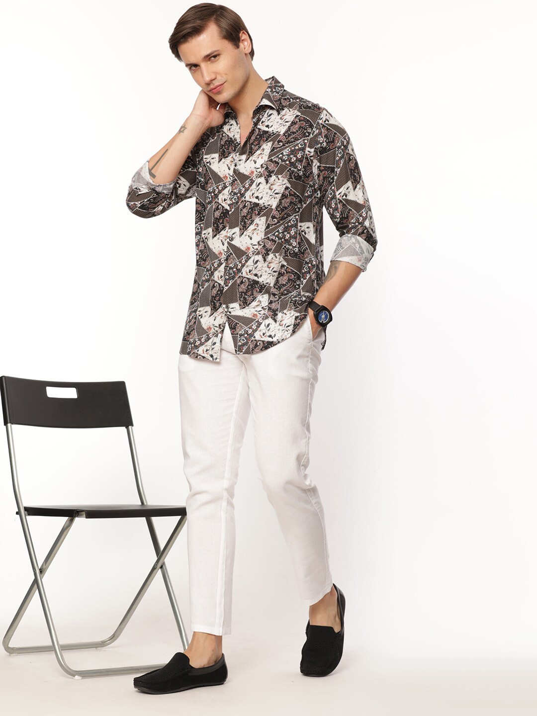 

FLY 69 Premium Slim Fit Ethnic Motifs Printed Spread Collar Long Sleeves Casual Shirt, Olive