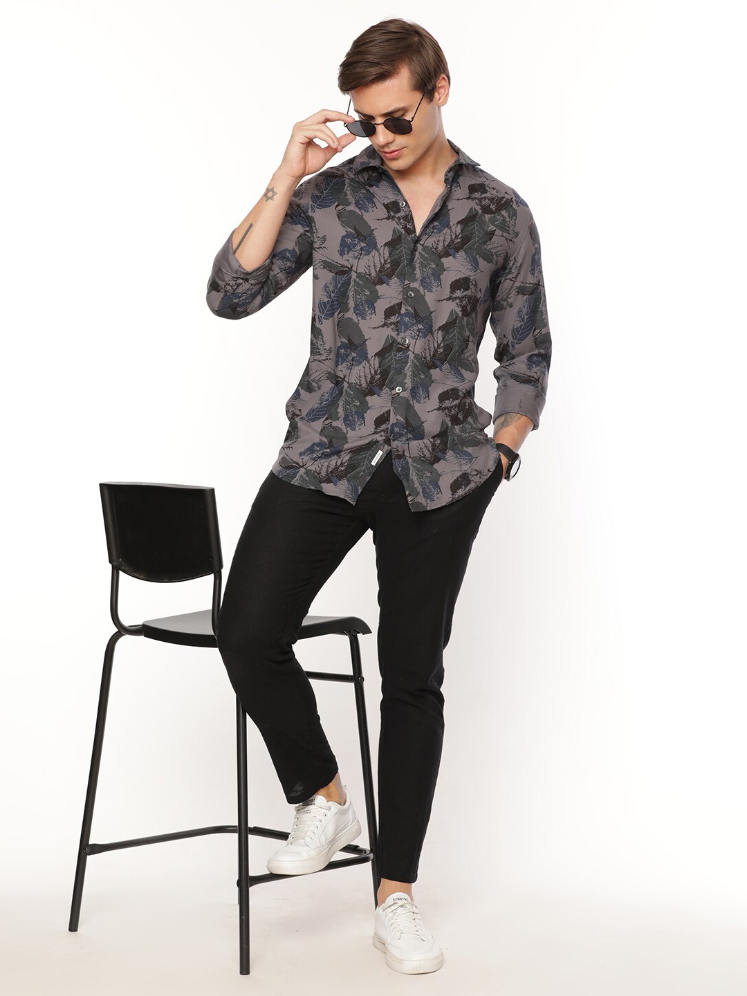 

FLY 69 Premium Slim Fit Floral Printed Cotton Shirt, Grey