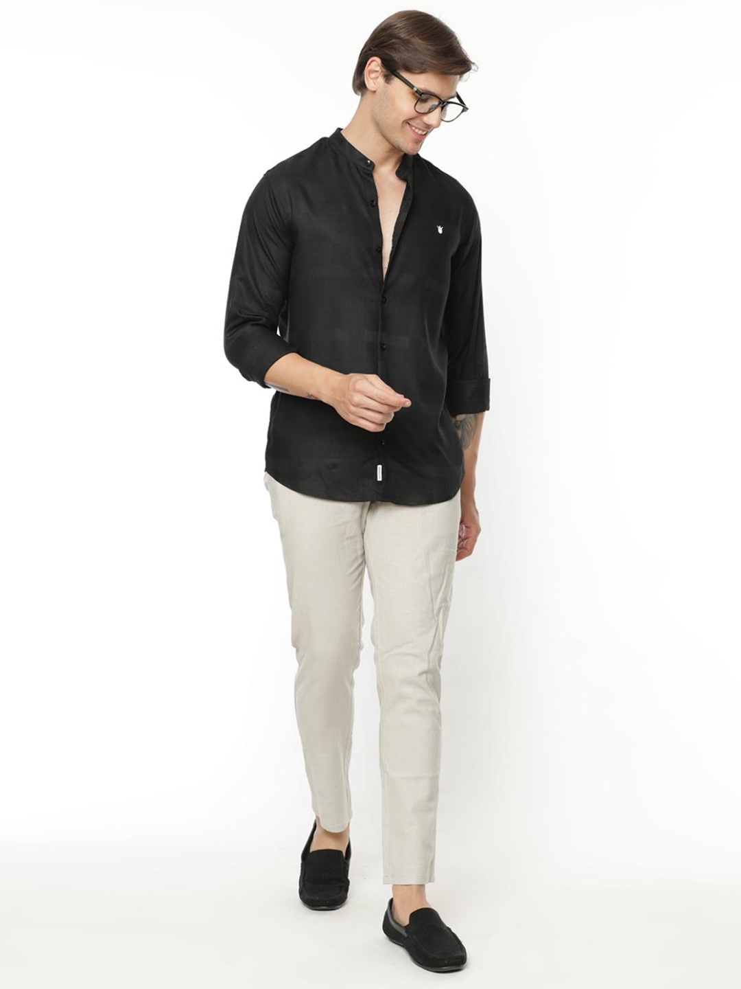 

FLY 69 Men Premium Slim Fit Striped Band Collar Long Sleeves Cotton Casual Shirt, Black