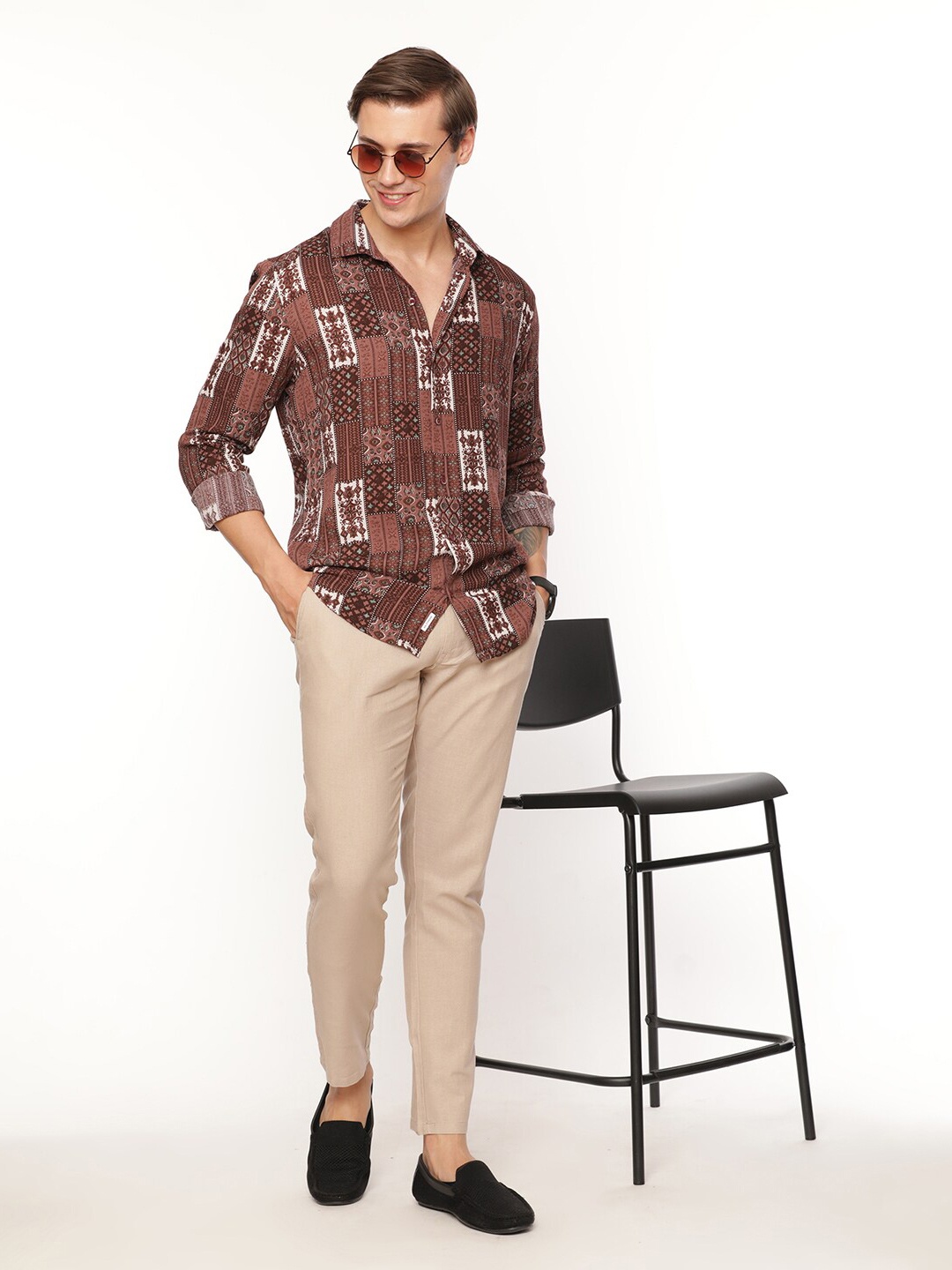 

FLY 69 Premium Slim Fit Ethnic Motifs Printed Casual Shirt, Brown