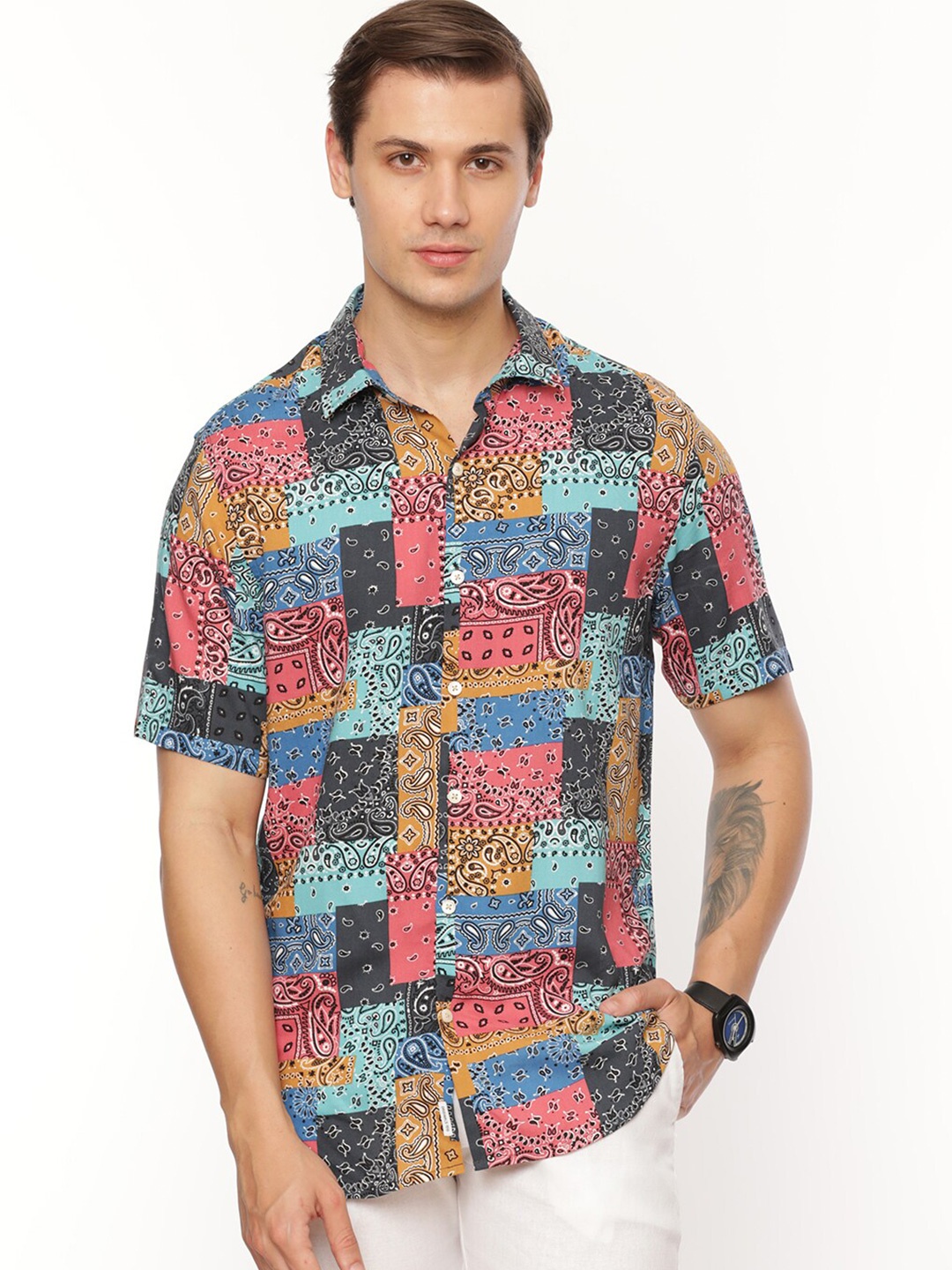 

FLY 69 Premium Slim Fit Graphic Printed Cotton Casual Shirt, Blue