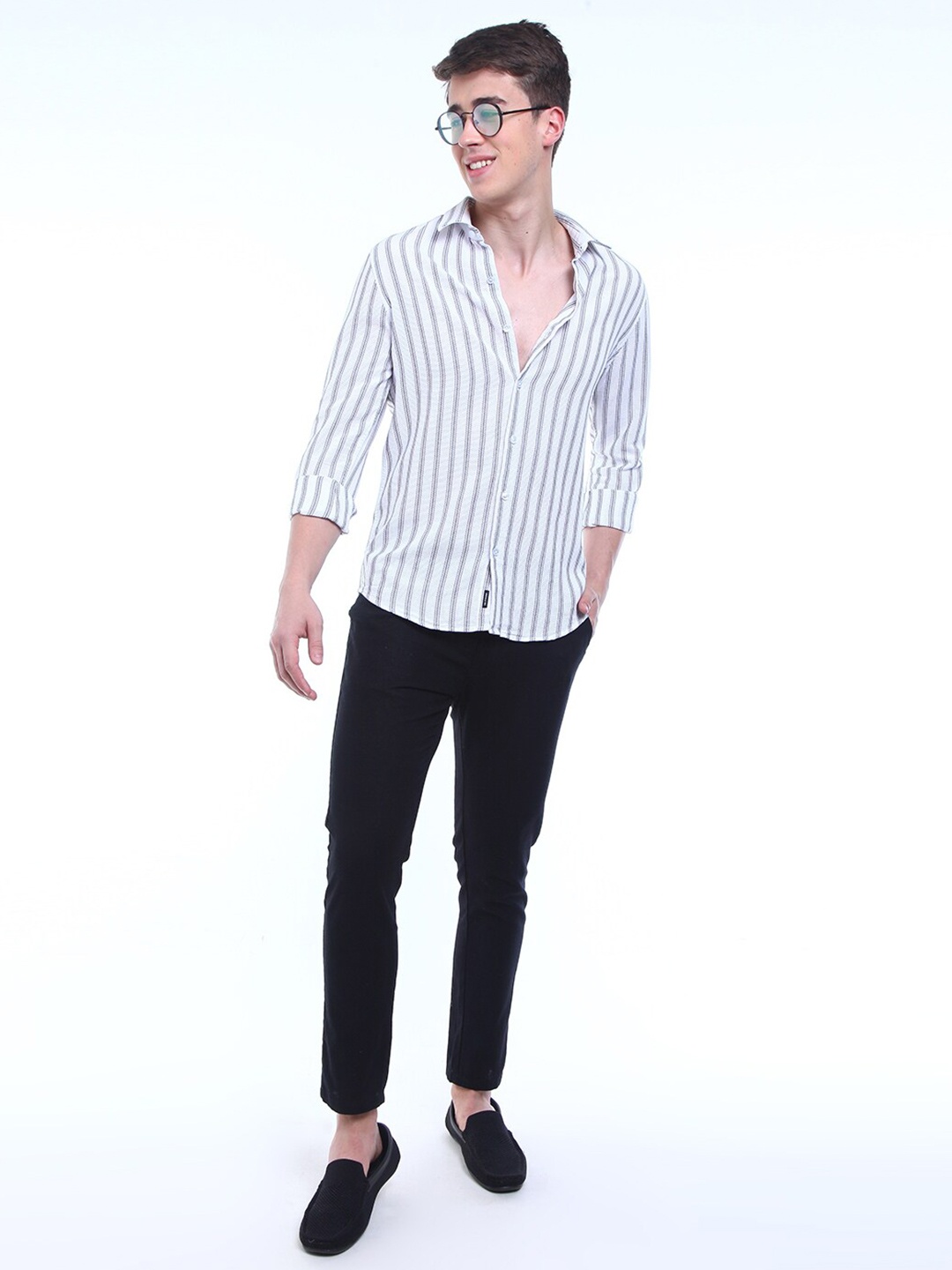 

FLY 69 Premium Slim Fit Vertical Striped Spread Collar Cotton Casual Shirt, White