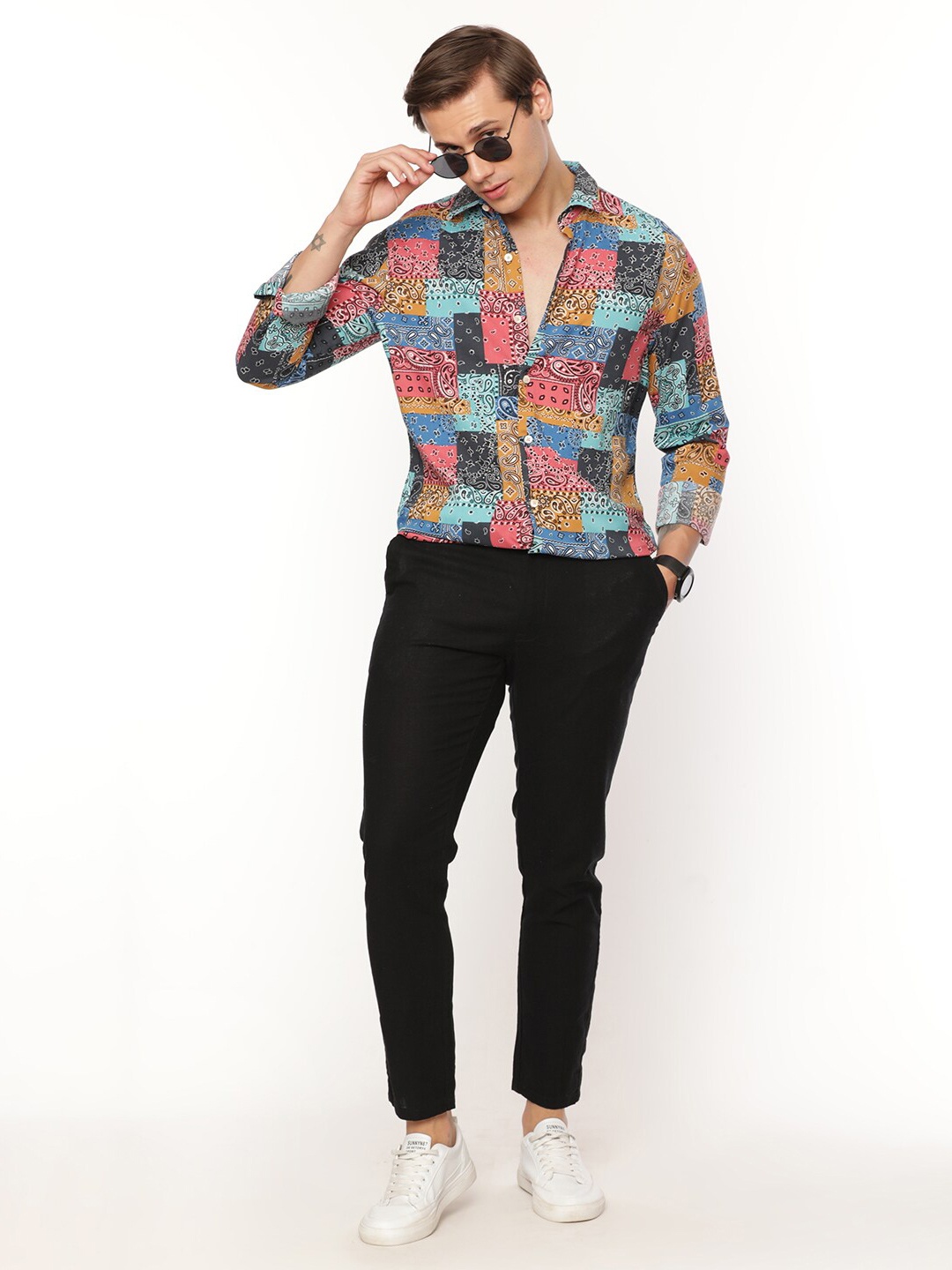 

FLY 69 Spread Collar Premium Slim Fit Ethnic Motifs Printed Casual Pure Cotton Shirt, Pink