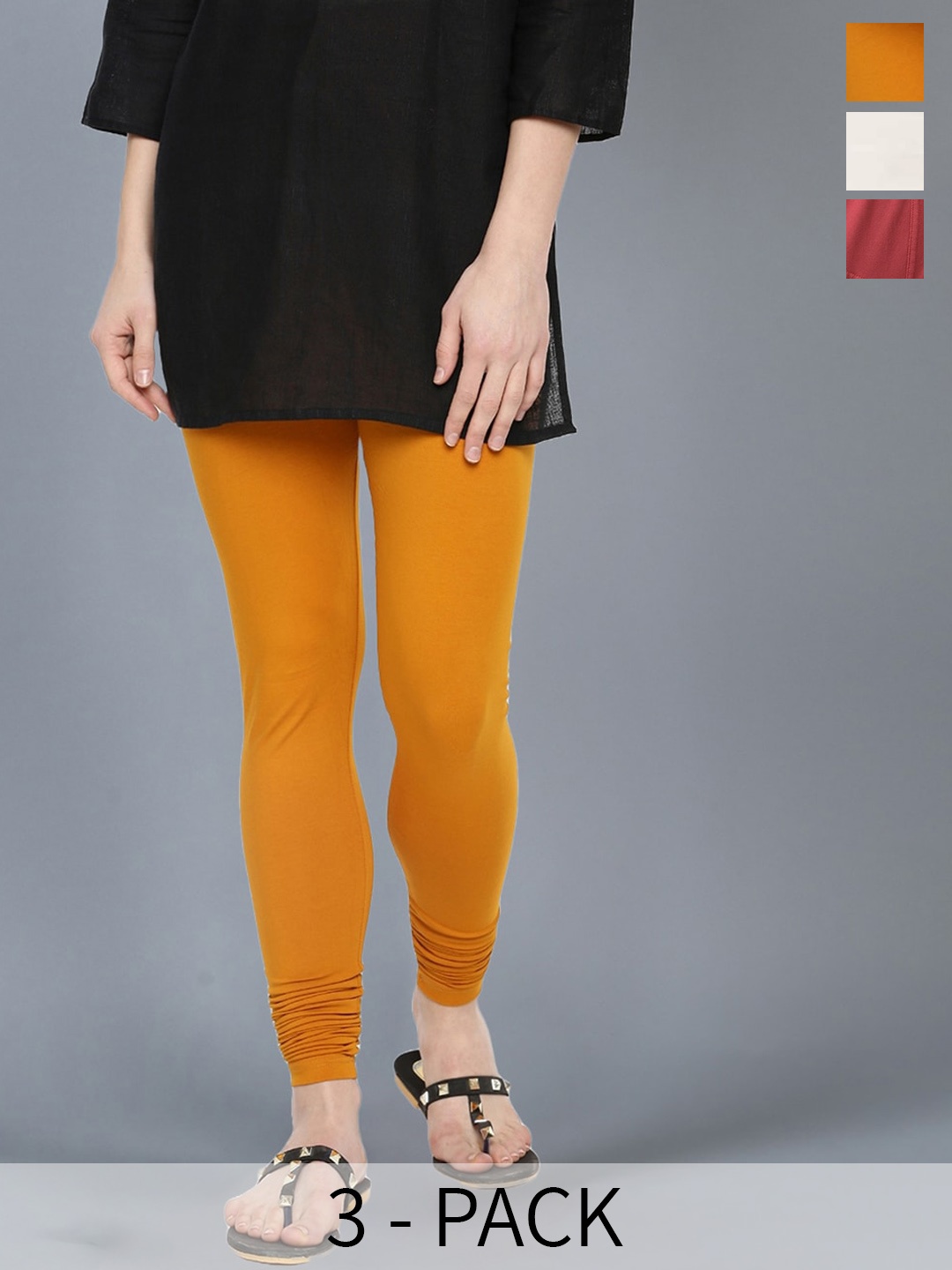 

Dollar Missy Pack Of 3 Stretchable Churidar Leggings, Mustard