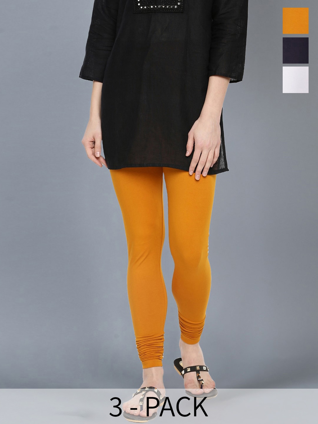 

Dollar Missy Pack Of 3 Cotton Churidar Leggings, Mustard
