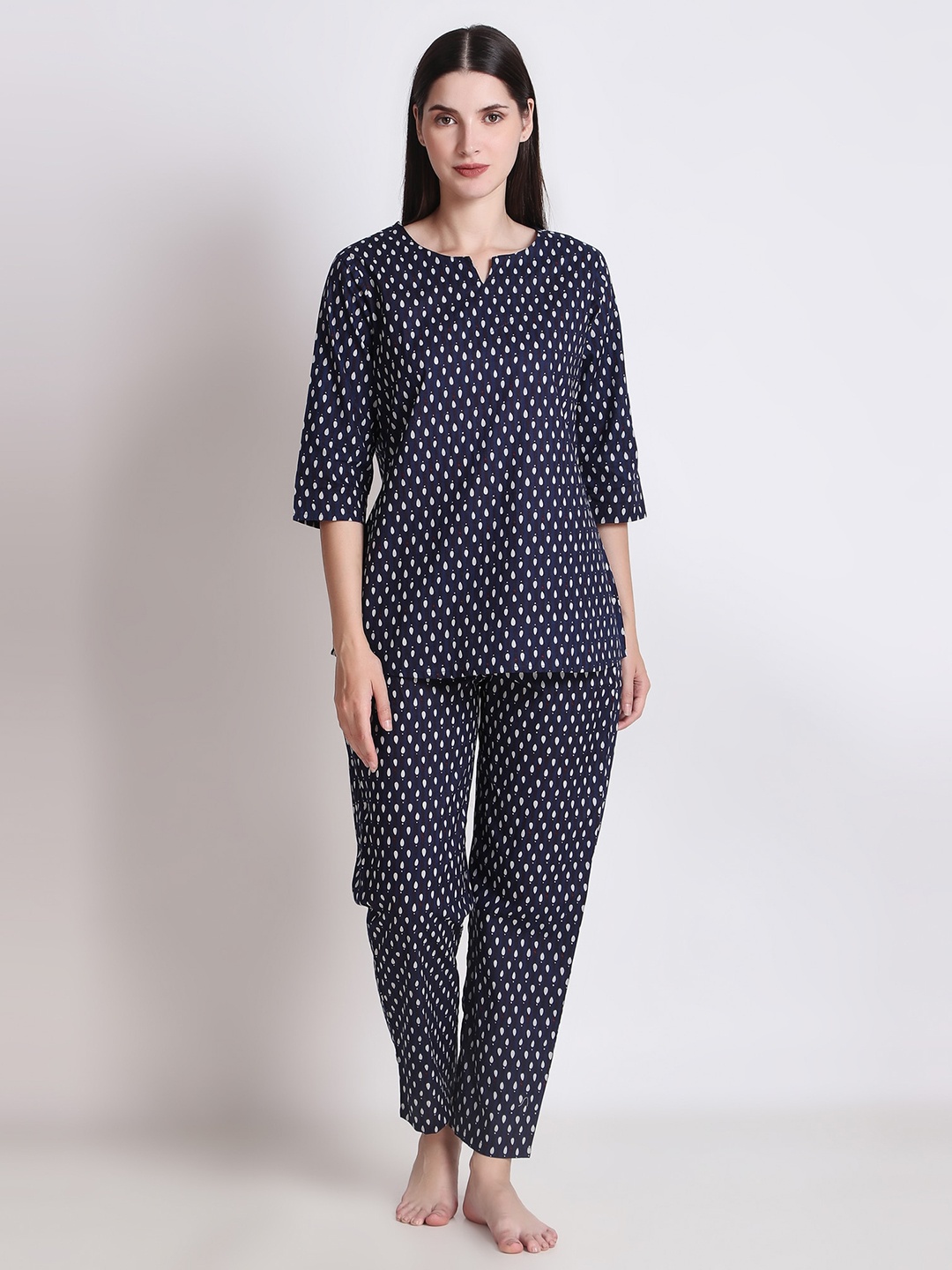 

Ichaa Geometric Printed Notched Neck Top With Pyjamas, Navy blue