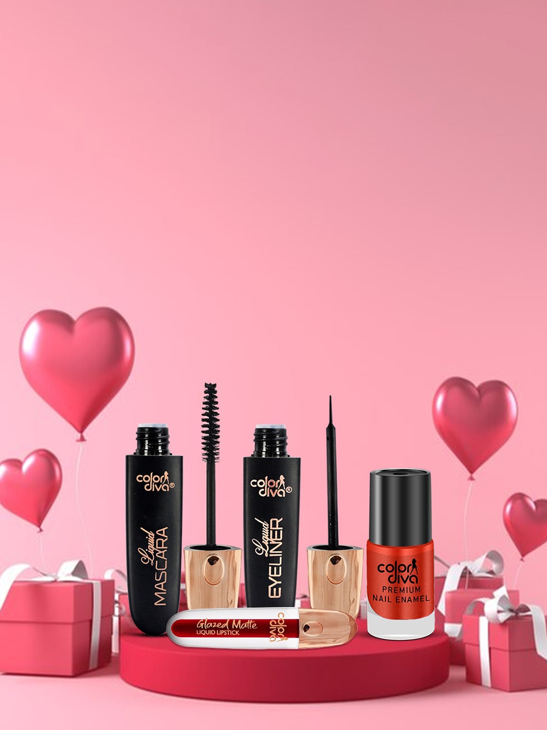 Adbeni Color Diva Set Of 4 Lipstick-Liquid Eyeliner & Mascara-Nail Enamel -012, Red