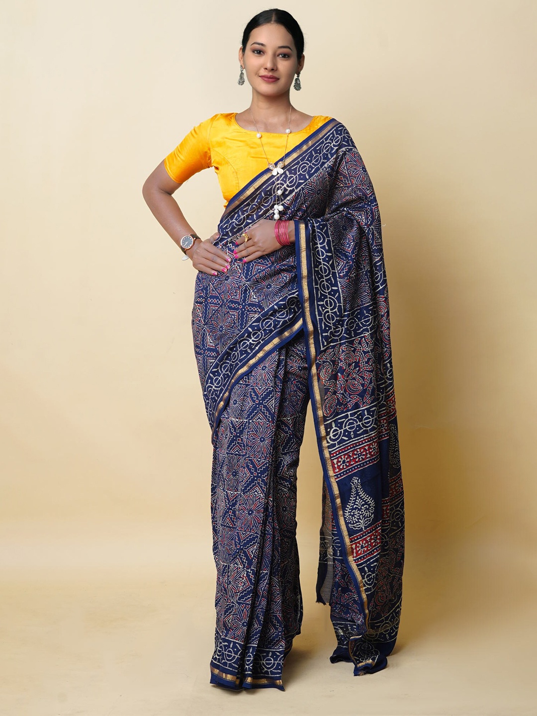 

Unnati Silks Ethnic Motifs Printed Zari Pure Cotton Chanderi Saree, Navy blue
