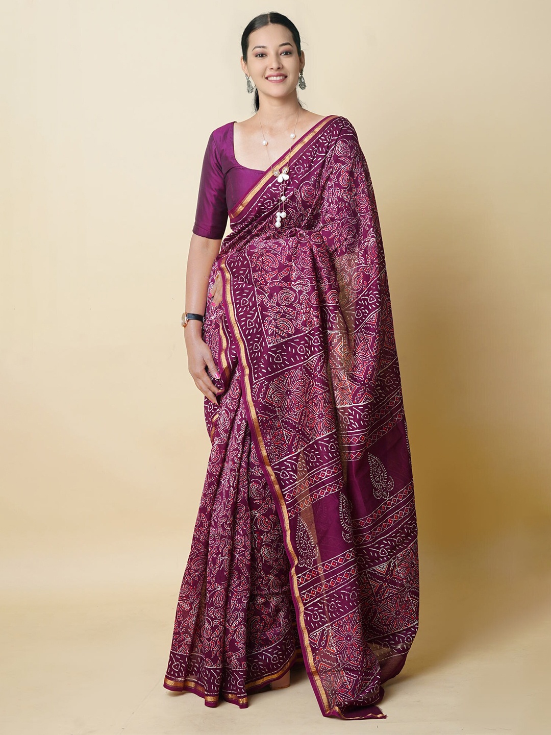 

Unnati Silks Ethnic Motifs Printed Zari Pure Cotton Chanderi Saree, Burgundy
