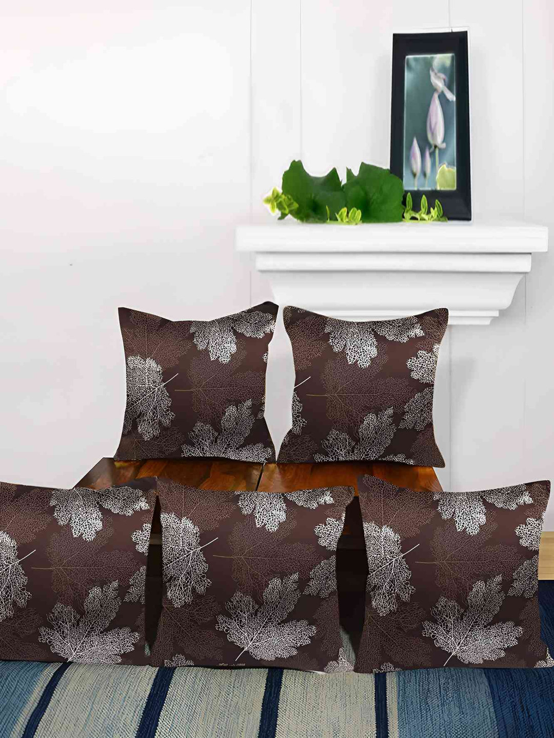 

CASA-NEST Brown & Silver Toned 5 Pieces Printed Silk Cotton Square Cushion Covers
