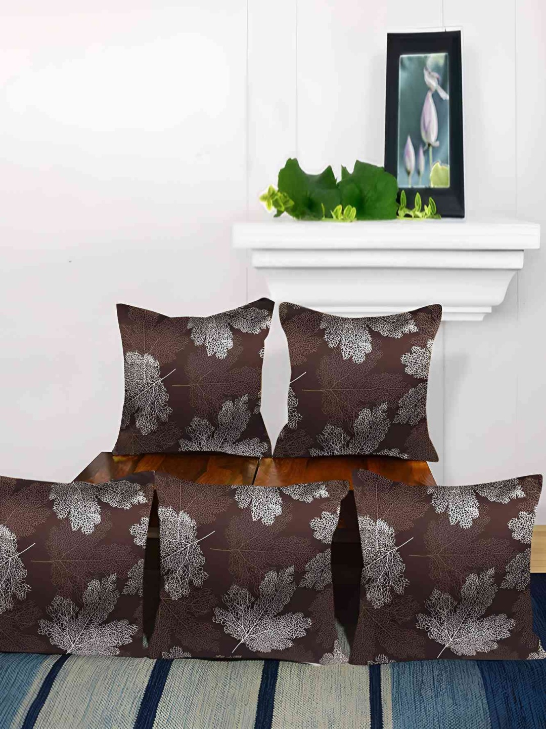 

CASA-NEST Brown & Sliver Toned 5 Pieces Printed Cotton Square Cushion Covers