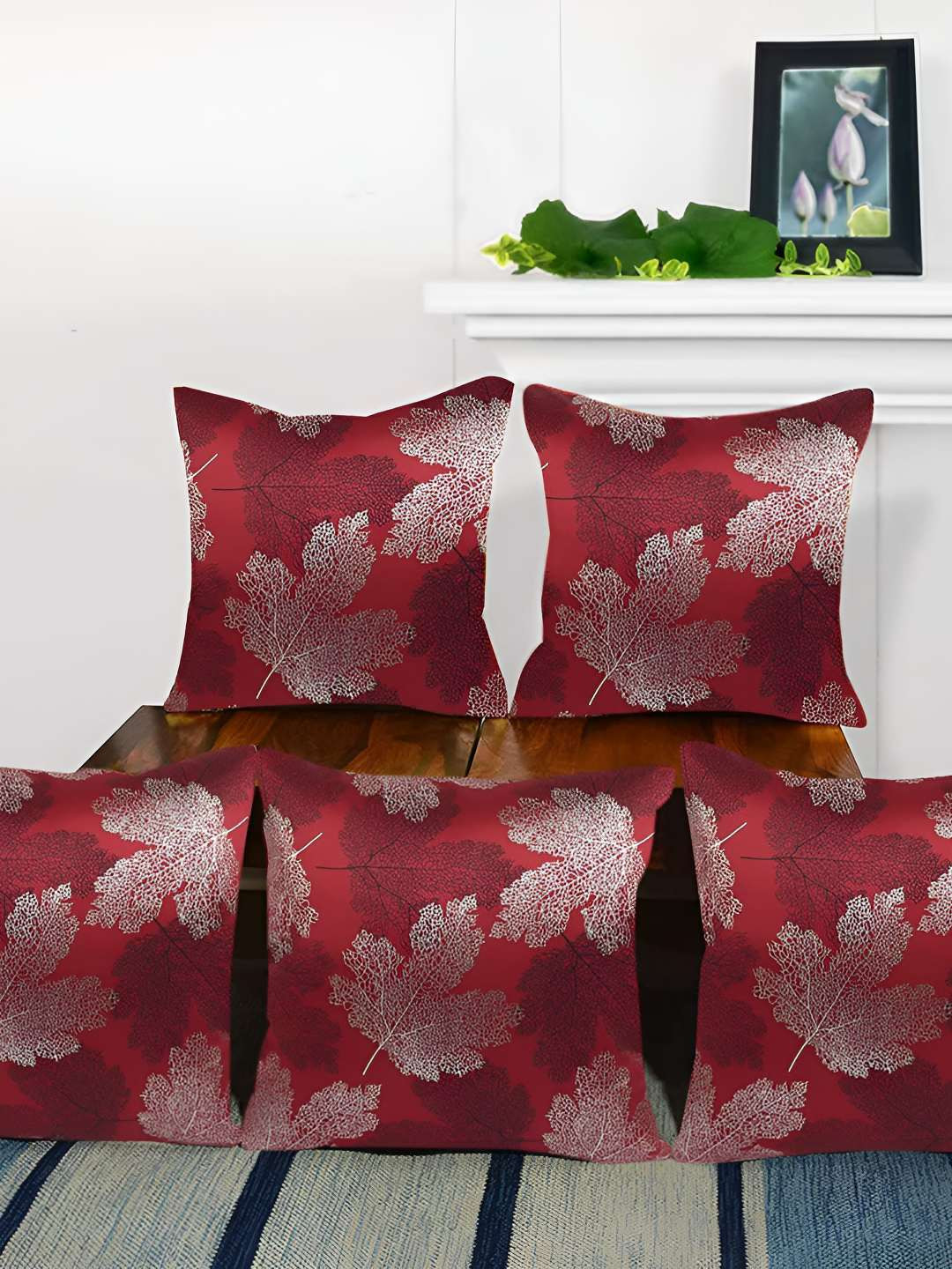 

CASA-NEST Red & Sliver Toned 5 Pieces Floral Printed Silk Cotton Square Cushion Covers