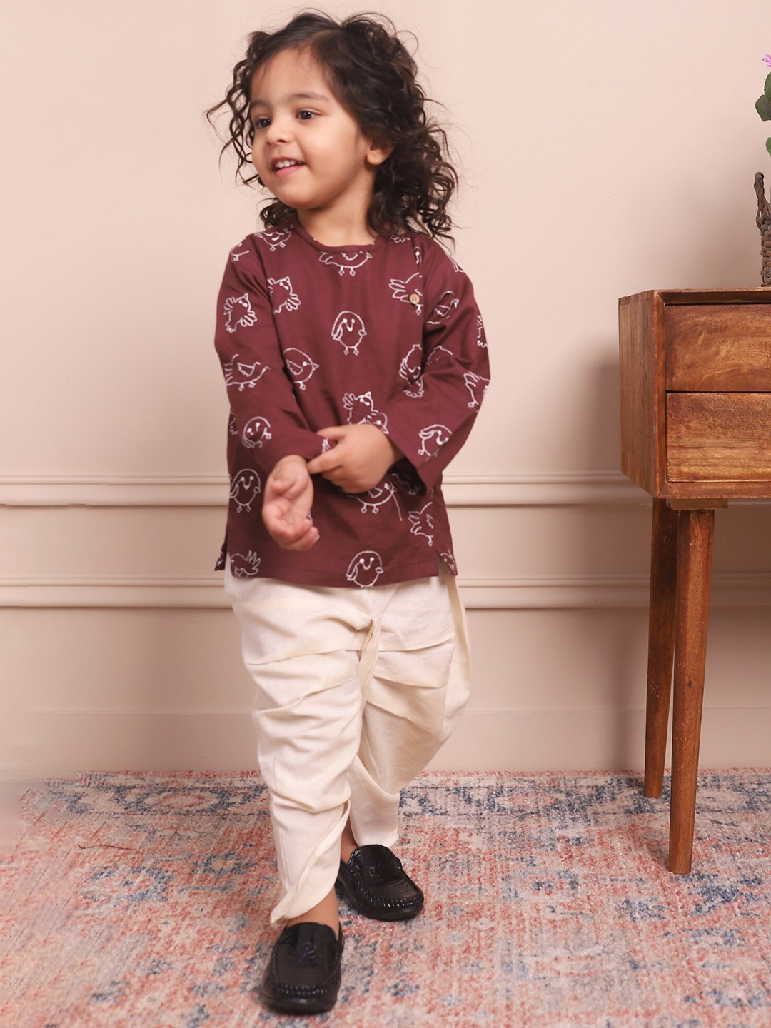 

Polka Tots Boys Round Neck Long Sleeves Animal Printed Straight Kurta with Dhoti Pants, Brown