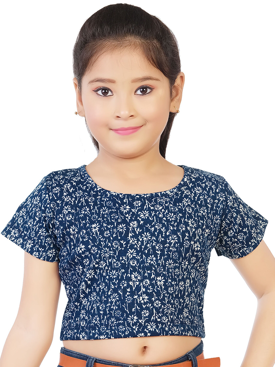 

BAESD Girls Floral Printed Round Neck Short Sleeves Regular Crop Top, Navy blue