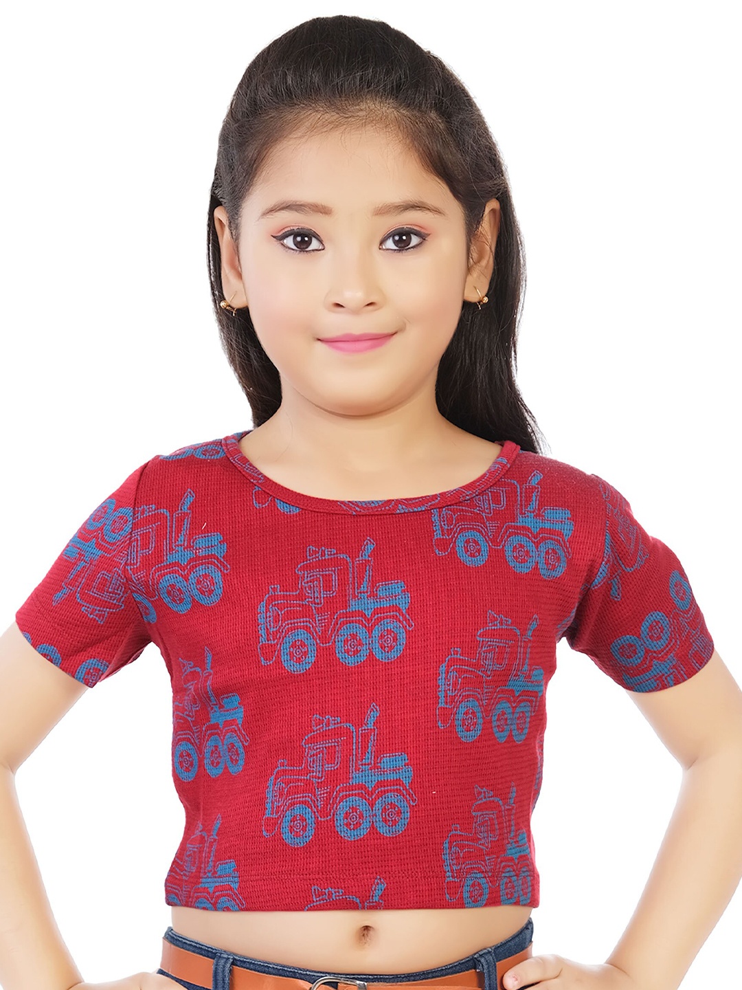 

BAESD Girls Conversational Printed Round Neck Short Sleeves Regular Crop Top, Red