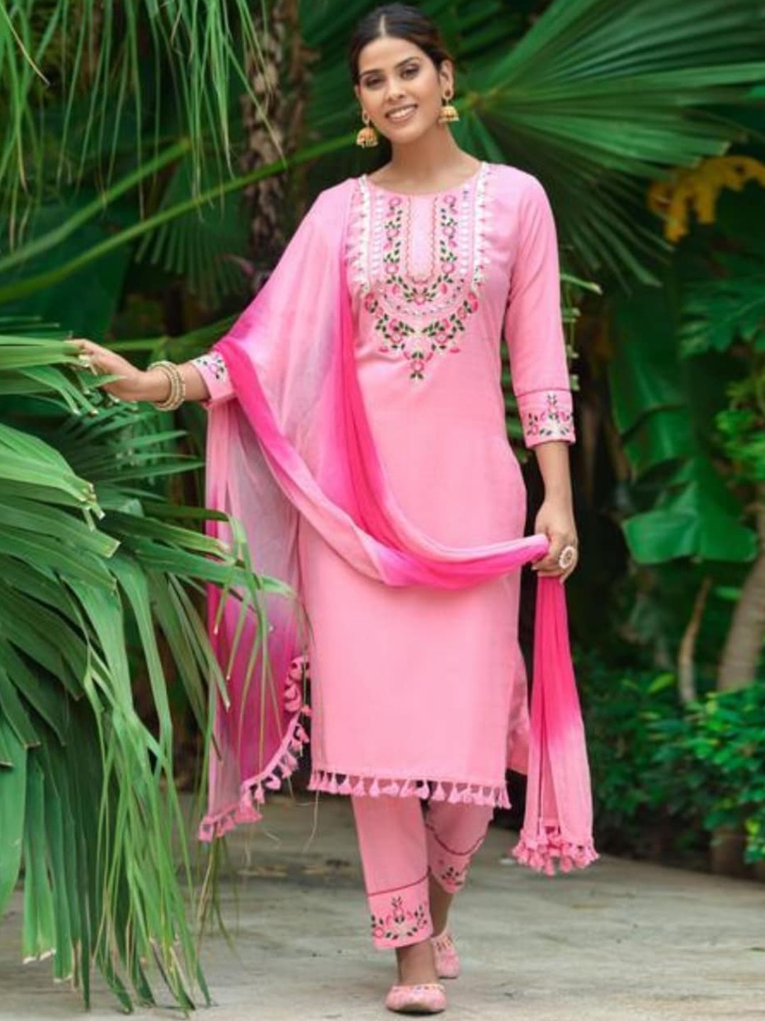 

BAESD Ethnic Motifs Embroidered Round Neck Thread Work Kurta with Trousers & Dupatta, Pink