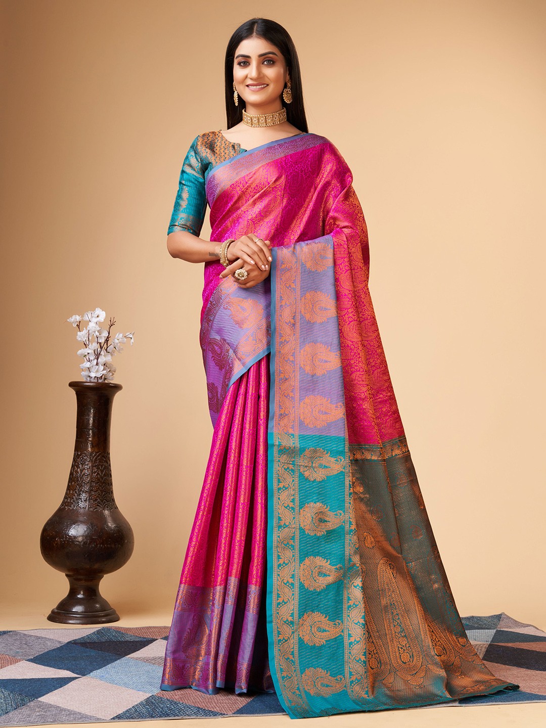 

bansari textiles Ethnic Motifs Woven Design Zari Silk Cotton Banarasi Saree, Pink