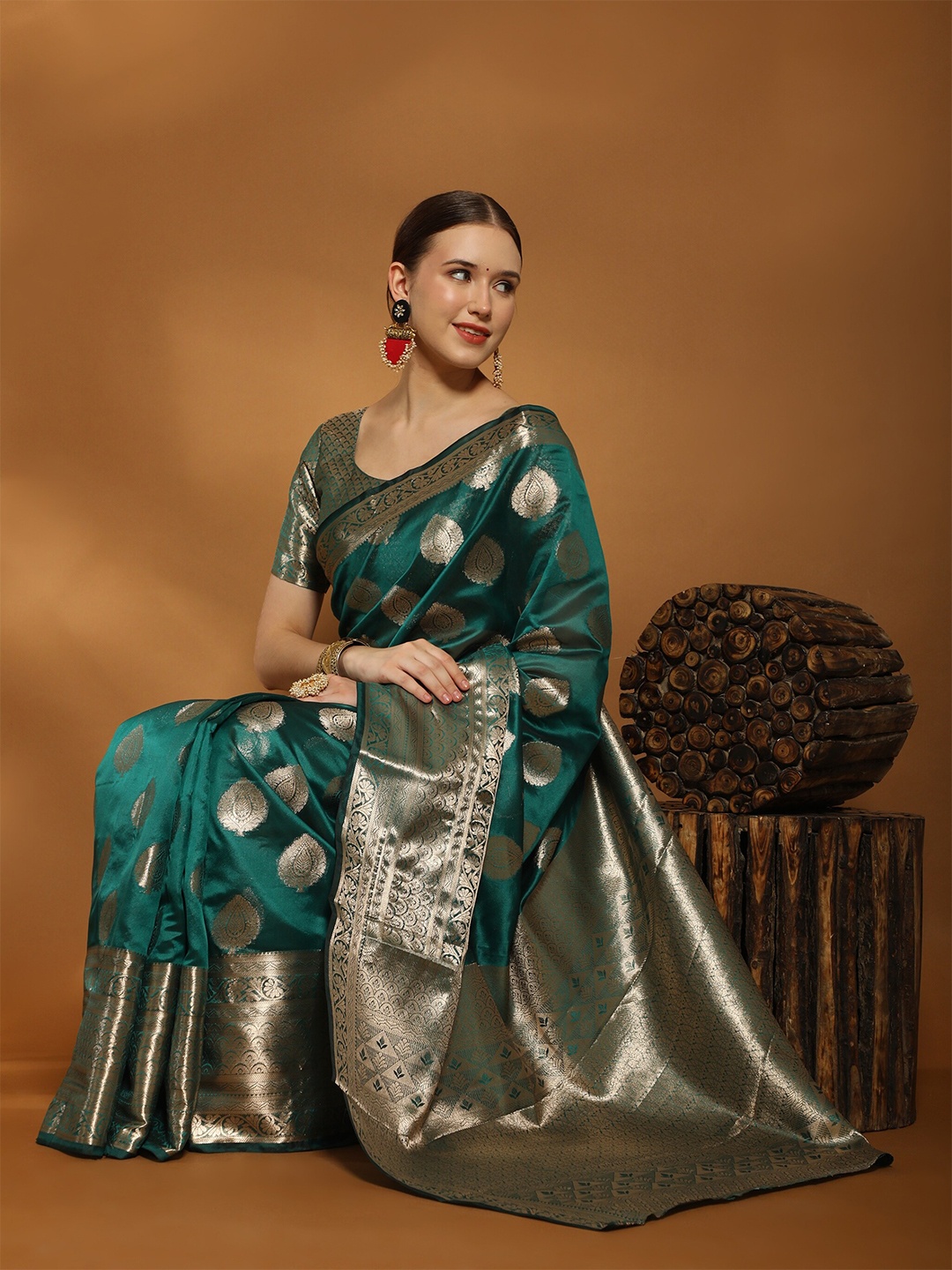 

bansari textiles Ethnic Motifs Woven Design Zari Organza Banarasi Saree, Green