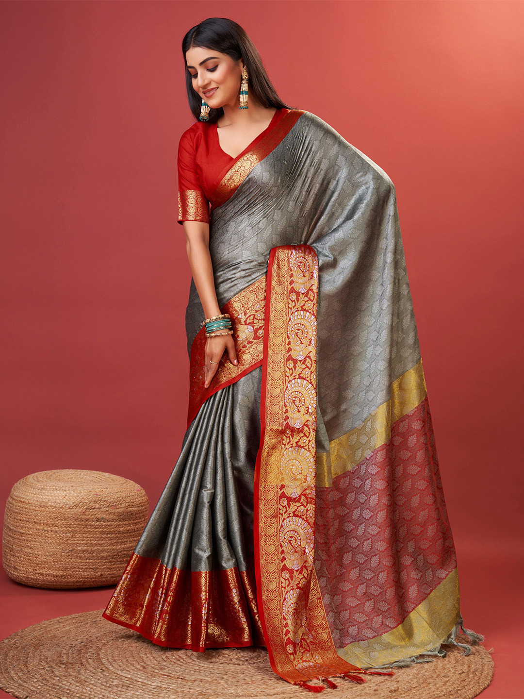 

bansari textiles Ethnic Motifs Woven Design Zari Pure Cotton Banarasi Saree, Grey