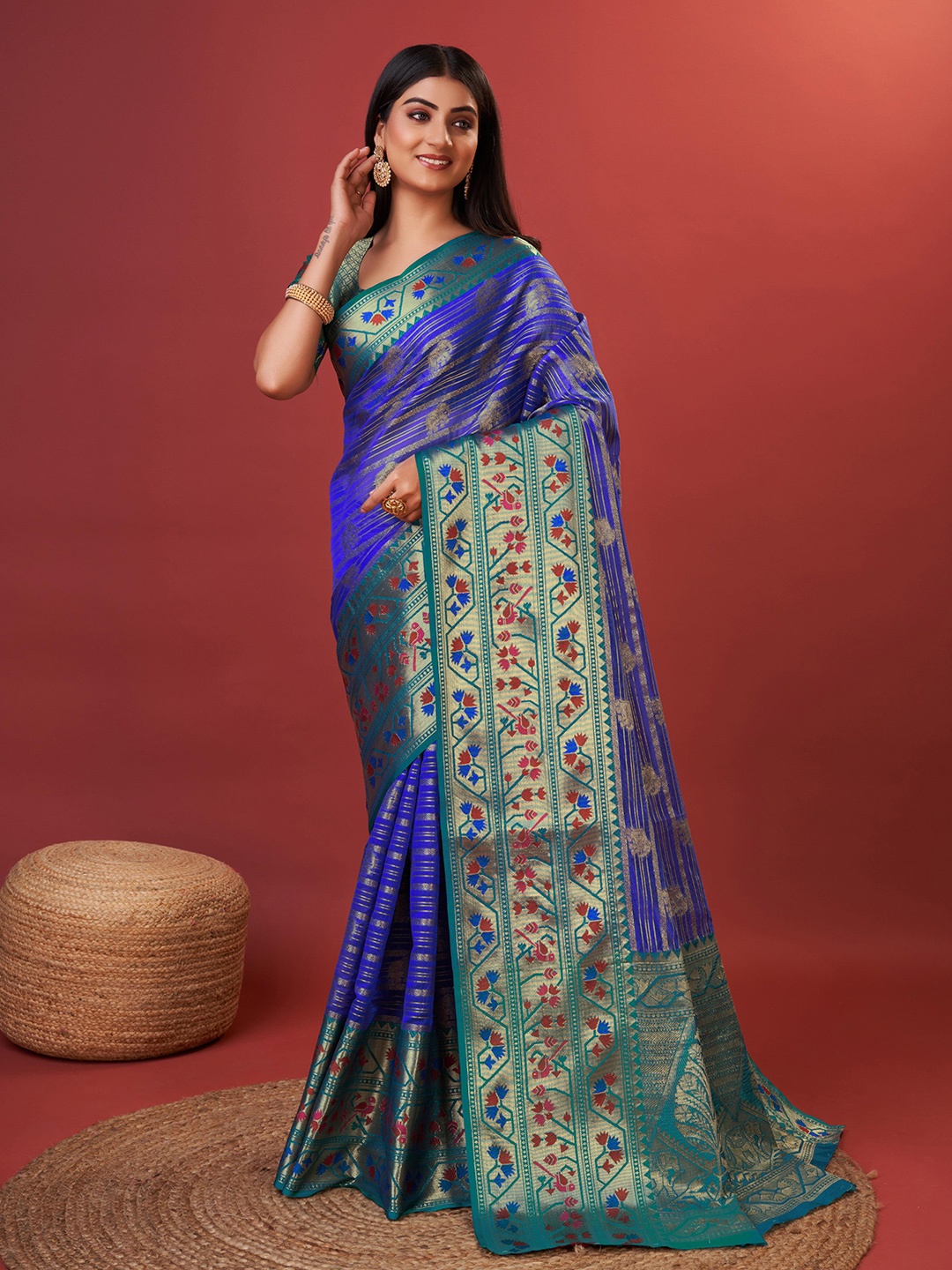 

bansari textiles Ethnic Motifs Woven Design Zari Silk Cotton Banarasi Saree, Blue