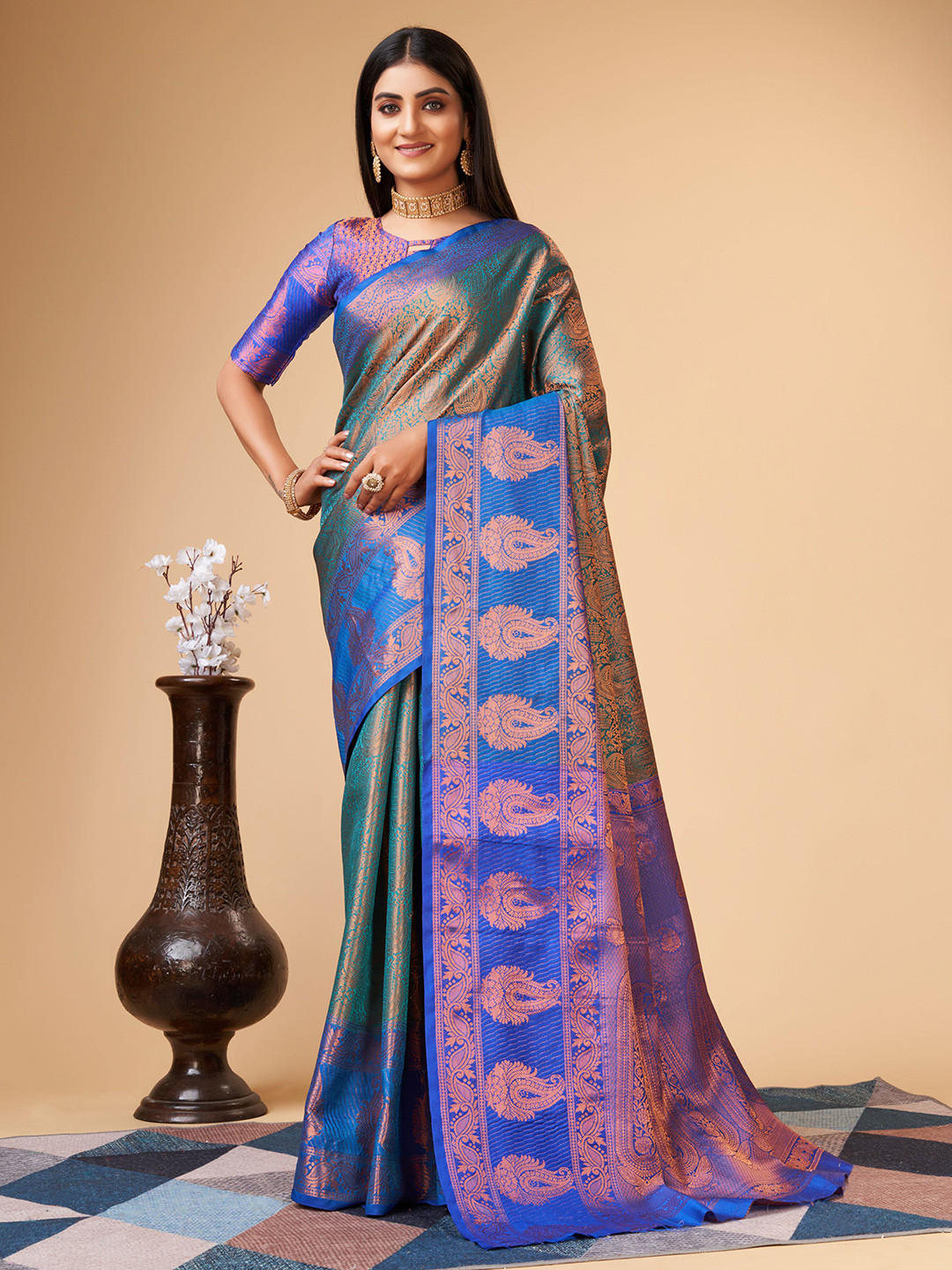 

bansari textiles Woven Design Zari Silk Cotton Banarasi Saree, Blue
