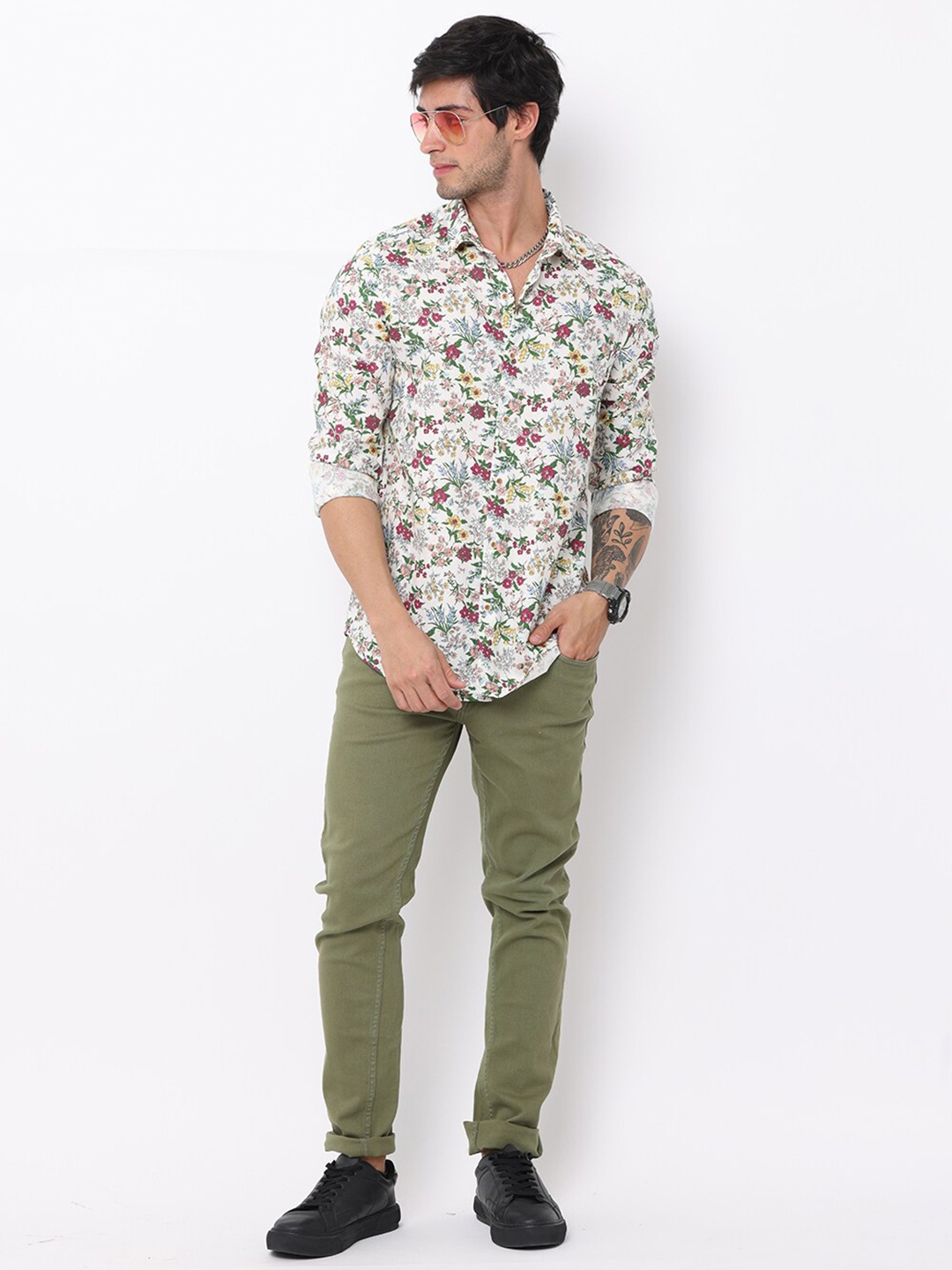 

FLY 69 Premium Slim Fit Floral Printed Cotton Linen Casual Shirt, Off white